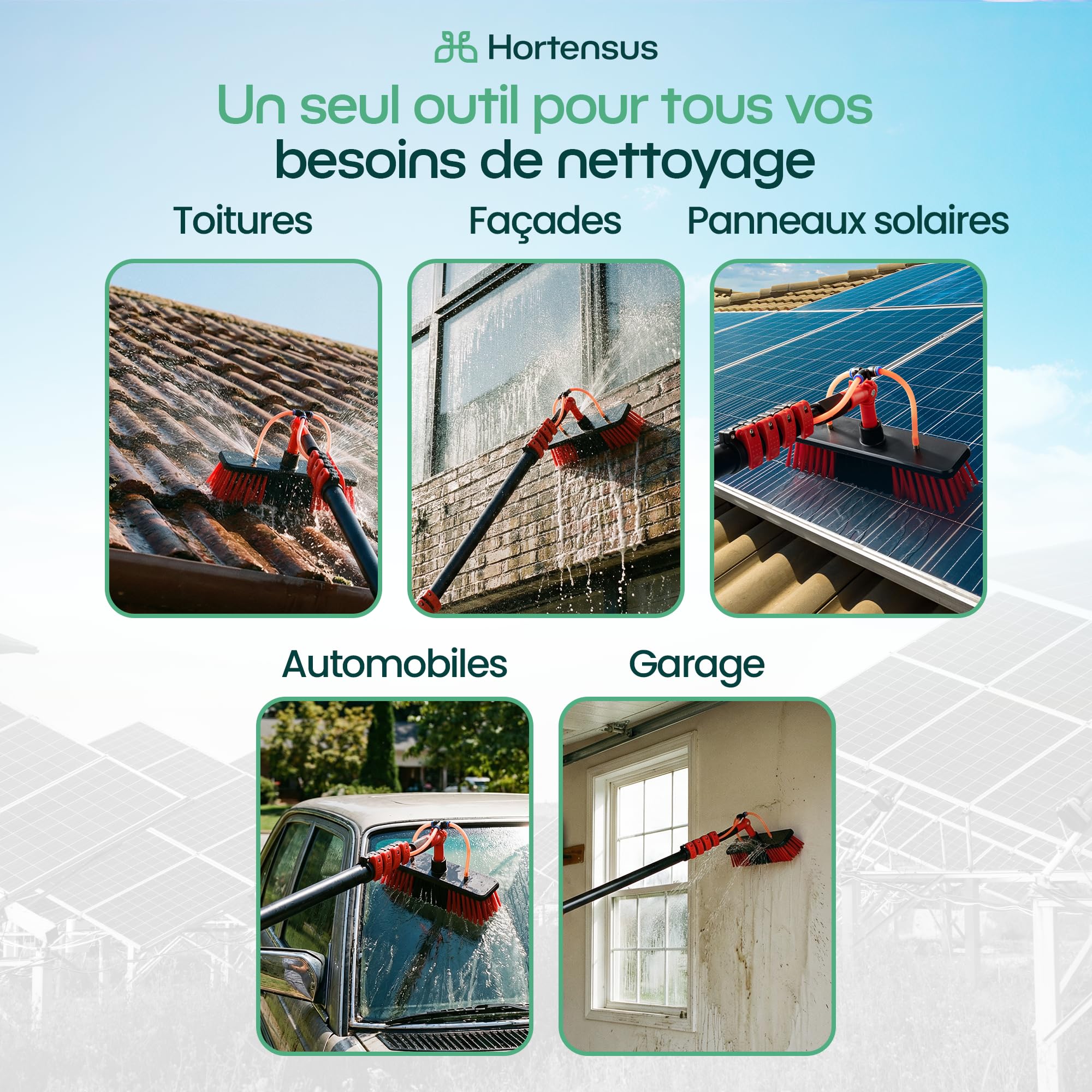 Balai Brosse Telescopique – Brosse Telescopique de Nettoyage avec Raccord d’Eau pour Voitures, Camping-Cars, Garage, Toiture, Façades et Nettoyage des Panneaux Solaires (4,6 m)