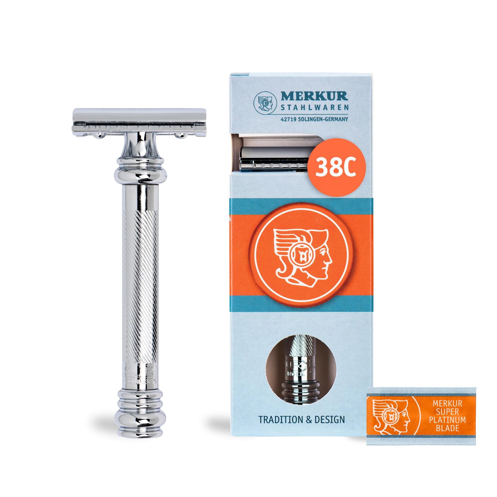 MERKUR Rasierhobel 38C | Barber Pole Glanzchrom | Zweiteiliger Rasierer mit geradem Schnitt | Geschlossener Kamm | Ideal für Nassrasur | Zinkdruckguss | Messing Griffstück | Made in Germany