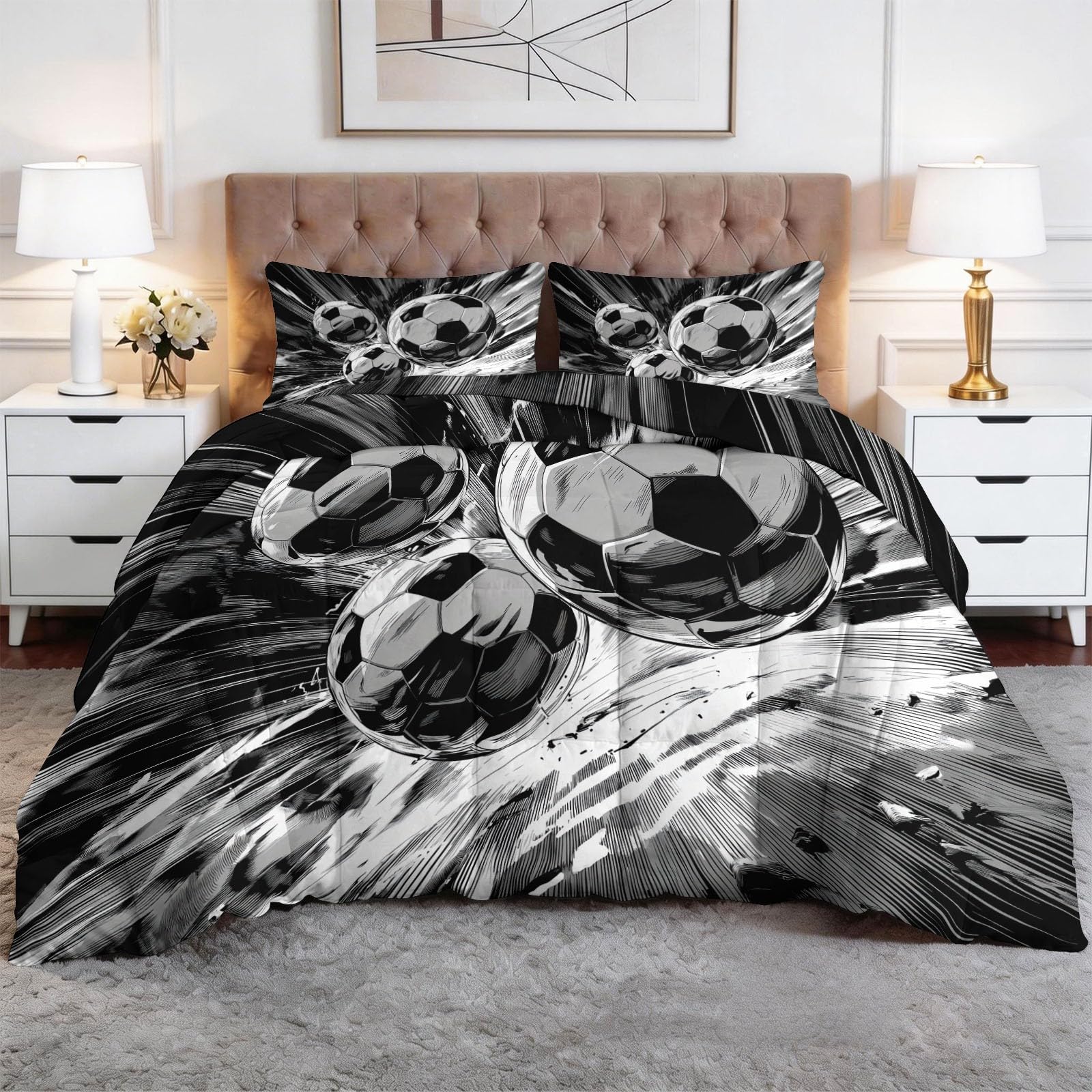 Kołdra 200 x 200 cm, trzy balony piłkarskie w stylu mangi, dwustronna kołdra z nadrukiem czarno-białym dla 2 osób, 4 pory roku, lekka, oddychająca bez poszewek 2 poszewki na poduszki - można prać w