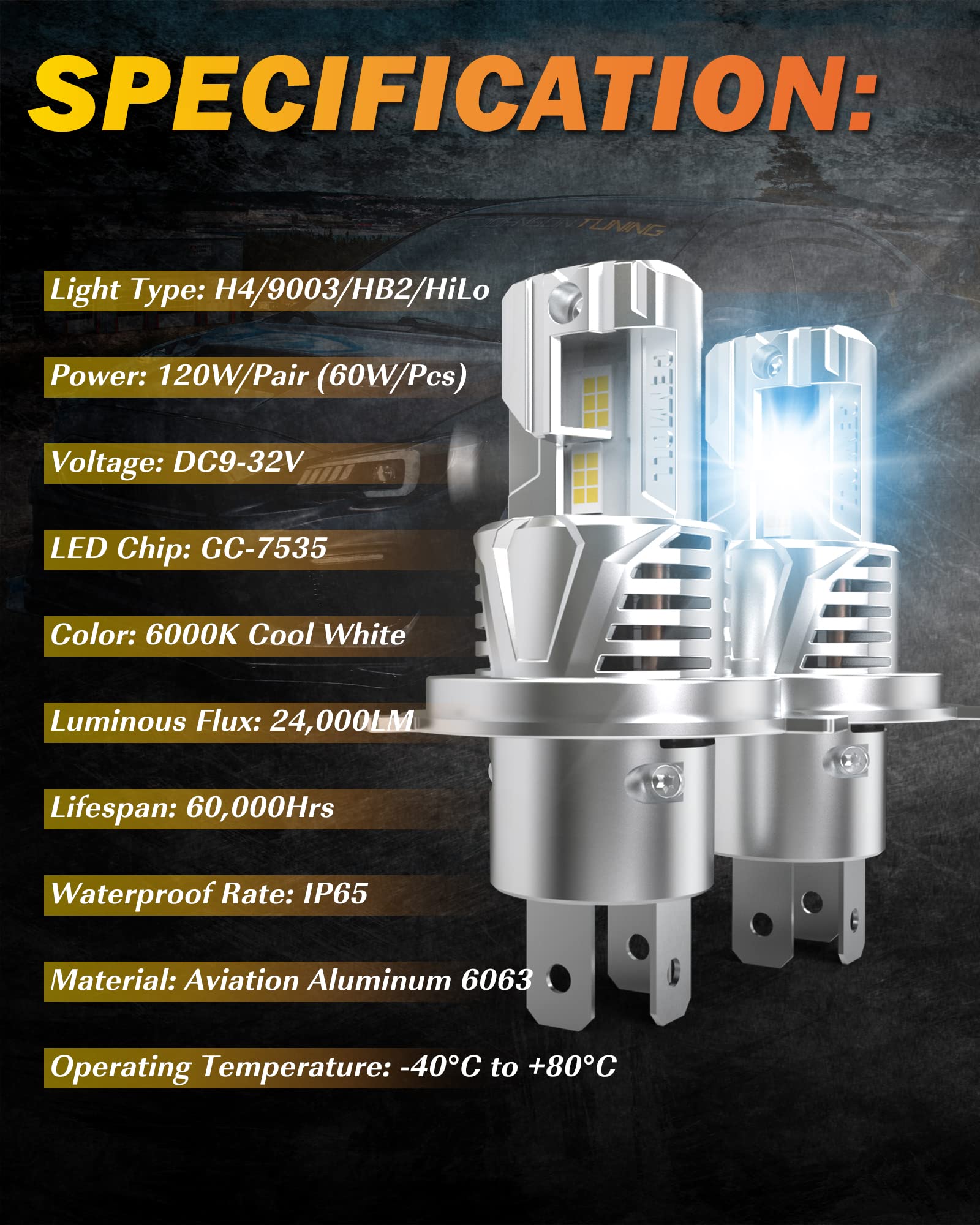 Lampadine H4 Led Auto, 120W 24000LM 6000K Bianco Freddo 600% Luminosità Canbus Senza Errori All-in-One Design Kit di Conversione di Sostituzione Alogena Xenon, Confezione da 2