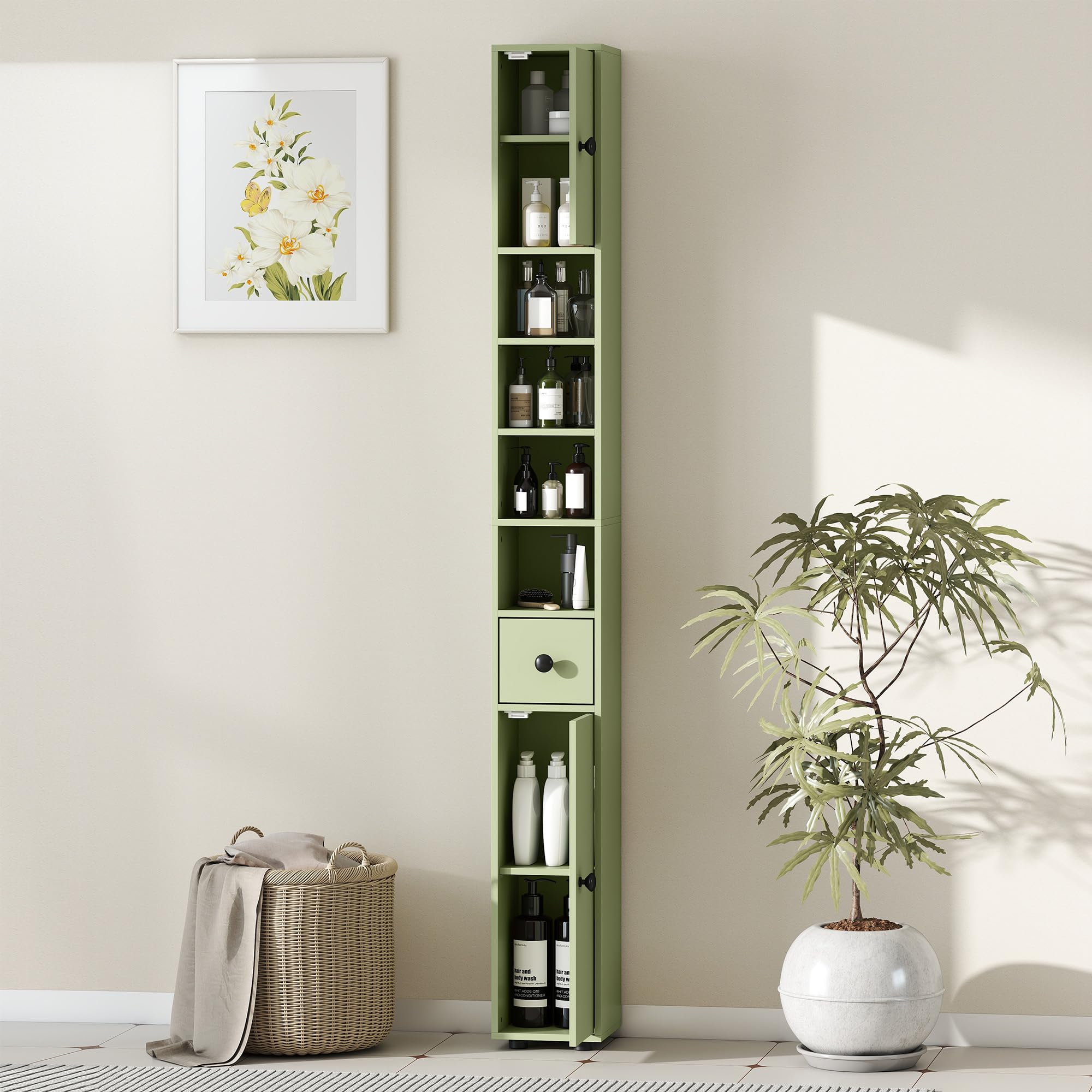 kleankin Armario de baño Alto 180cm, Delgado, 4 estantes Abiertos, Verde