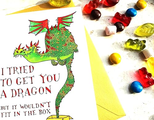 Miniatura 8 de PepperZone Tarjeta de cumpleaños hecha a mano con dragón "Intenté conseguirte un dragón", Cumpleaños de cuento de hadas, divertido regalo mágico de