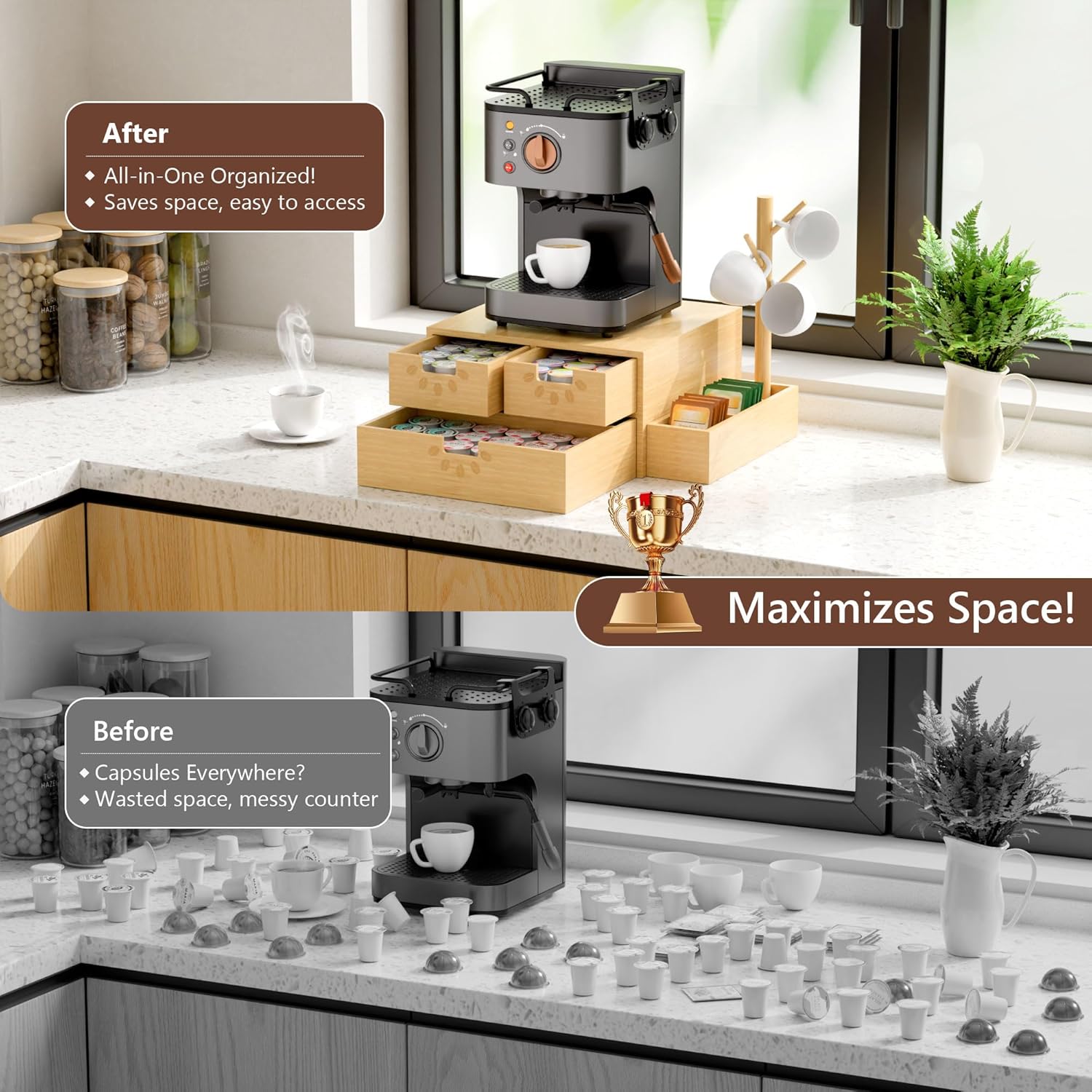 Coffee Pod Drawer, Wooden K Cup Holder with Tree Shape Mug Holder and Side Storage Box, 2-Tier K Pod Drawer Coffee Maker Machine Stand(80 Kcups+60 Tea Bags Capacity)