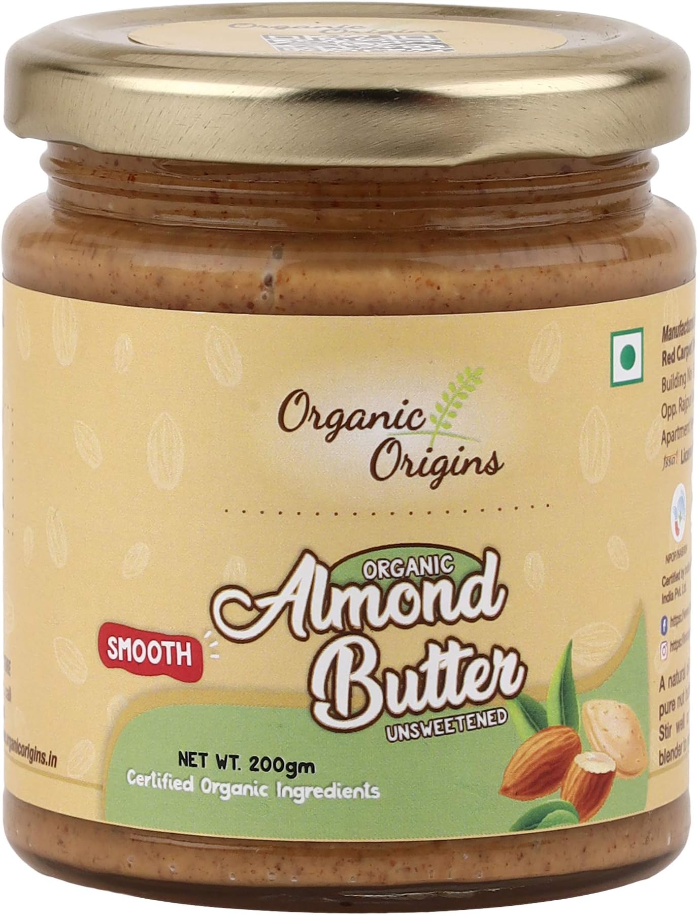 Organic Origins Smooth Unsweetened Almond Butter, 200g