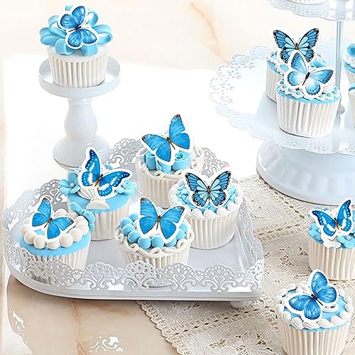 Miniatura 2 de Cyodoos Paquete de 30 adornos de mariposa 3D de color cian con borde dorado, tamaño mixto para cupcakes para niñas y mujeres, feliz cumpleaños,