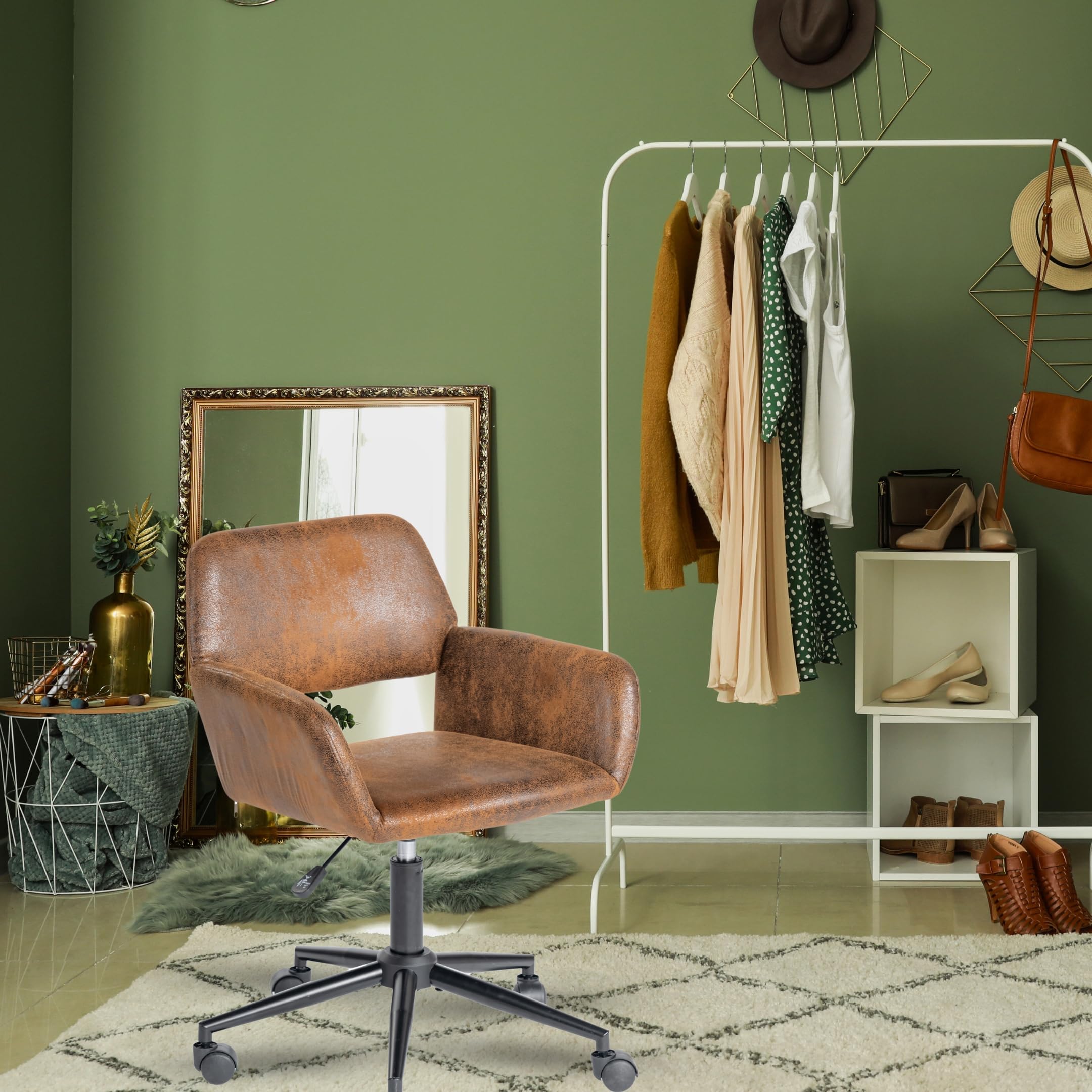 FurnitureR Chaise de Maquillage Pivotante, Siège de Chambre Réglable en Hauteur, Siège Creux Large et Respirant, Chaise D'habillage Rotative à 360°, Retro Marron Suede 56 x 55 x 75-85 cm