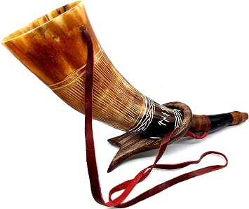 Viking blowing cow Horn Whistle Medieval bull Buffalo Sounding Horn Viking Norse Cattle Ancient Horn Bugle with wooden stand
