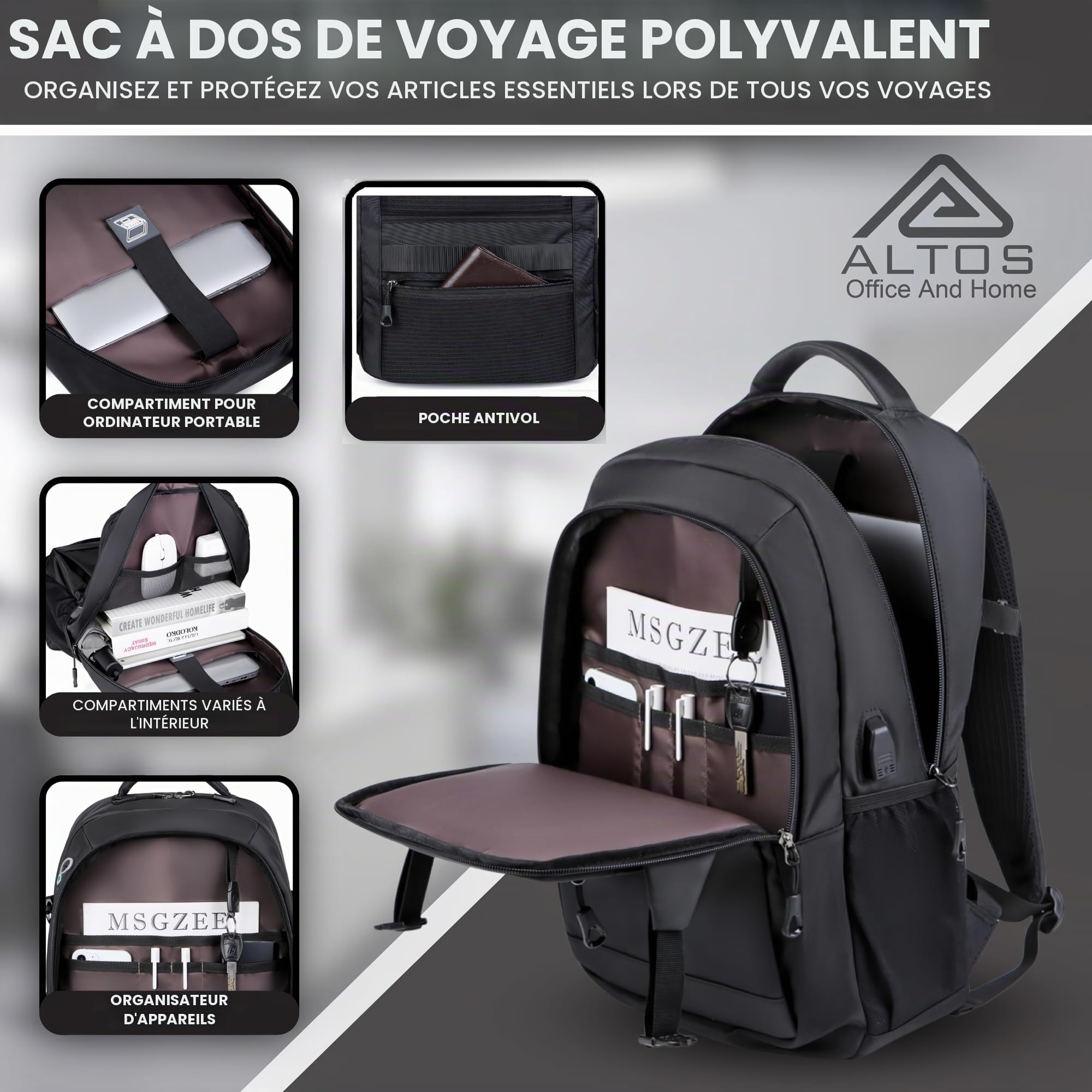 ALTOS OFFICE AND HOME Sac à dos pour ordinateur portable, voyage d'affaires et d'étude, port USB, ordinateur portable jusqu'à 15,6", noir, antivol, idéal pour la randonnée, imperméable, résistant aux