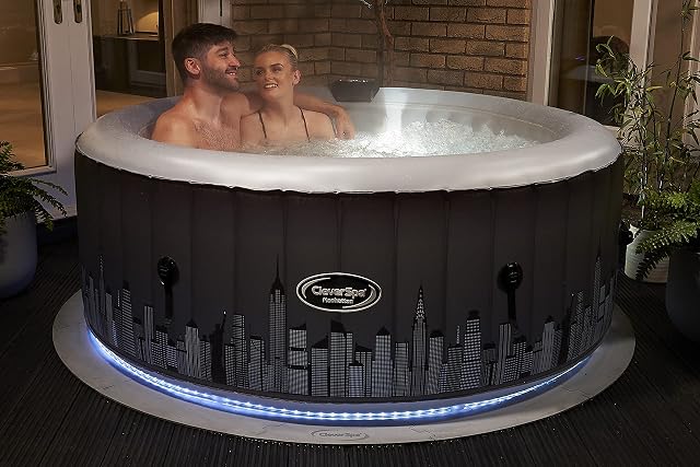 CleverSpa Manhattan 4 Person Round Inflatable Outdoor Bubble Spa Hot Tub with 130 Airjets, 365 Freezeguard Technology - 7 Colour LED Lights
