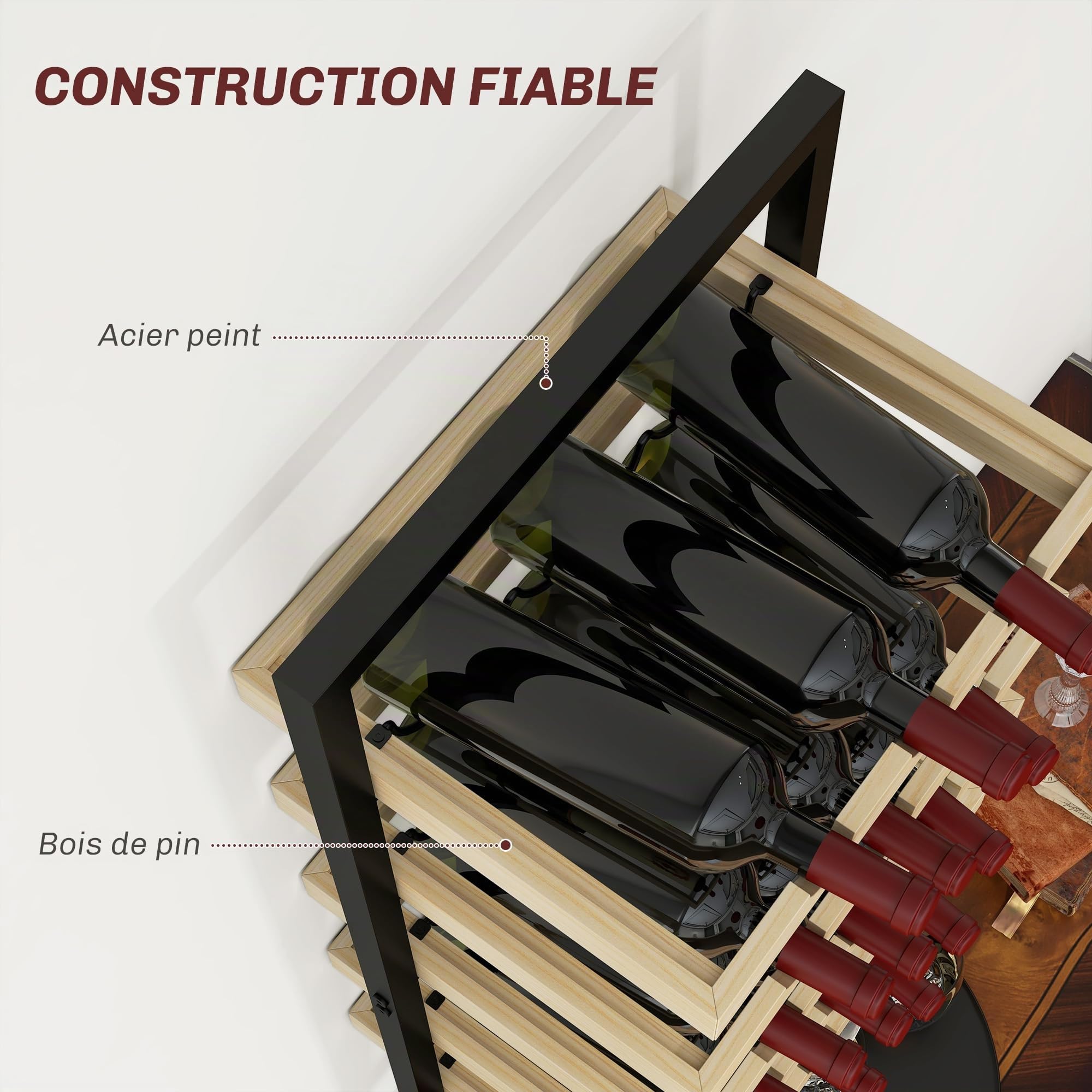 HOMCOM Étagère à vin Murale, Porte-Bouteilles, étagère à Bouteilles 5 Niveaux pour 15 Bouteilles 4 Verres, Bois de pin, 35 x 25 x 86 cm