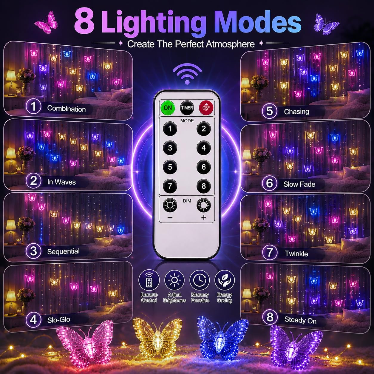 Butterfly Curtain Fairy Lights USB Plug in,8 Modes 120 LED 19.7FT Firefly Twinkle Timer String Lights with Remote, Waterproof Copper Wire for Bedroom Patio Christmas Wedding Party (Multi-new) image 3