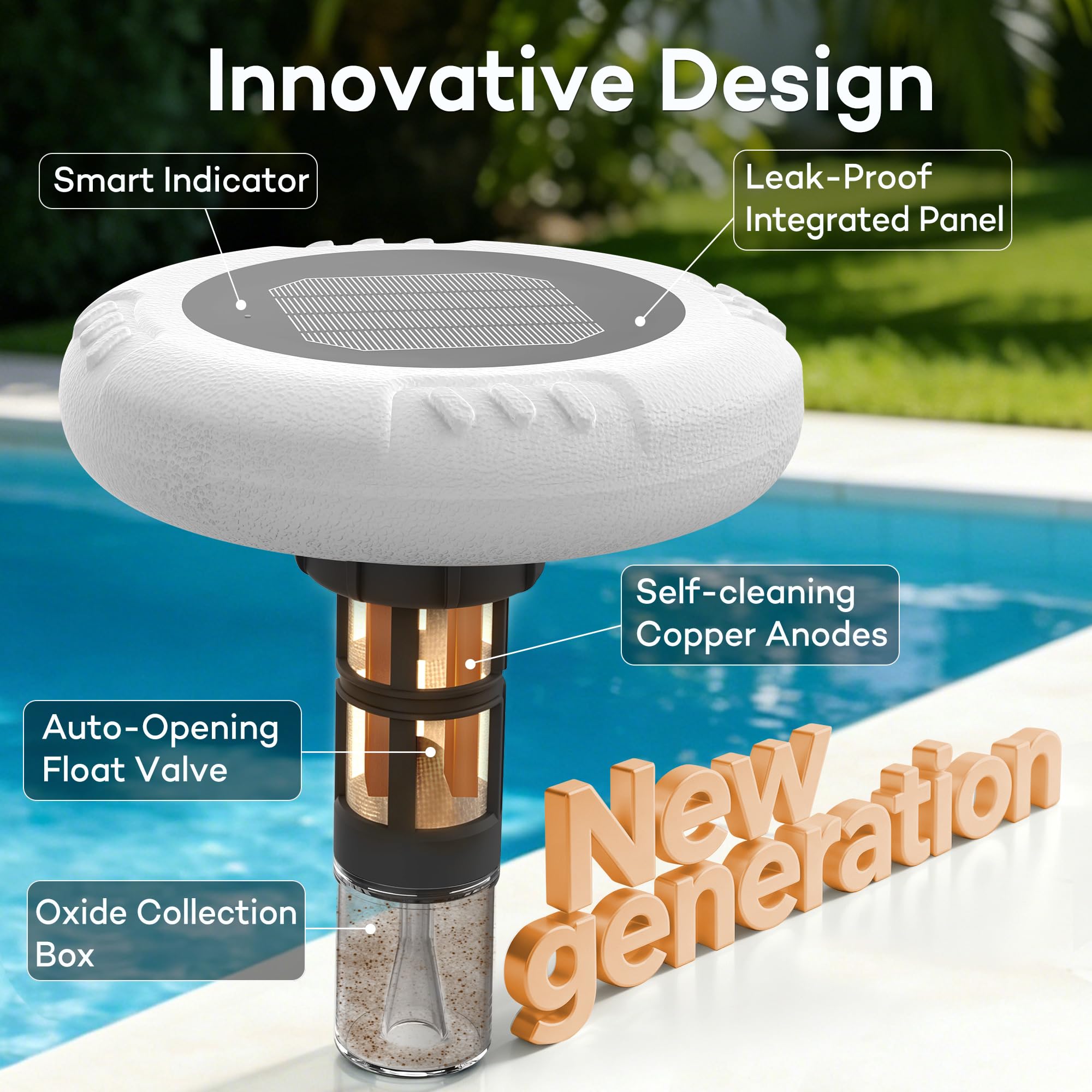 Ioniseur solaire de piscine - Anodes en cuivre autonettoyantes, contrôle intelligent et interrupteur à flotteur automatique, réduit 85 % de chlore, entretien facile, pour piscines jusqu'à
