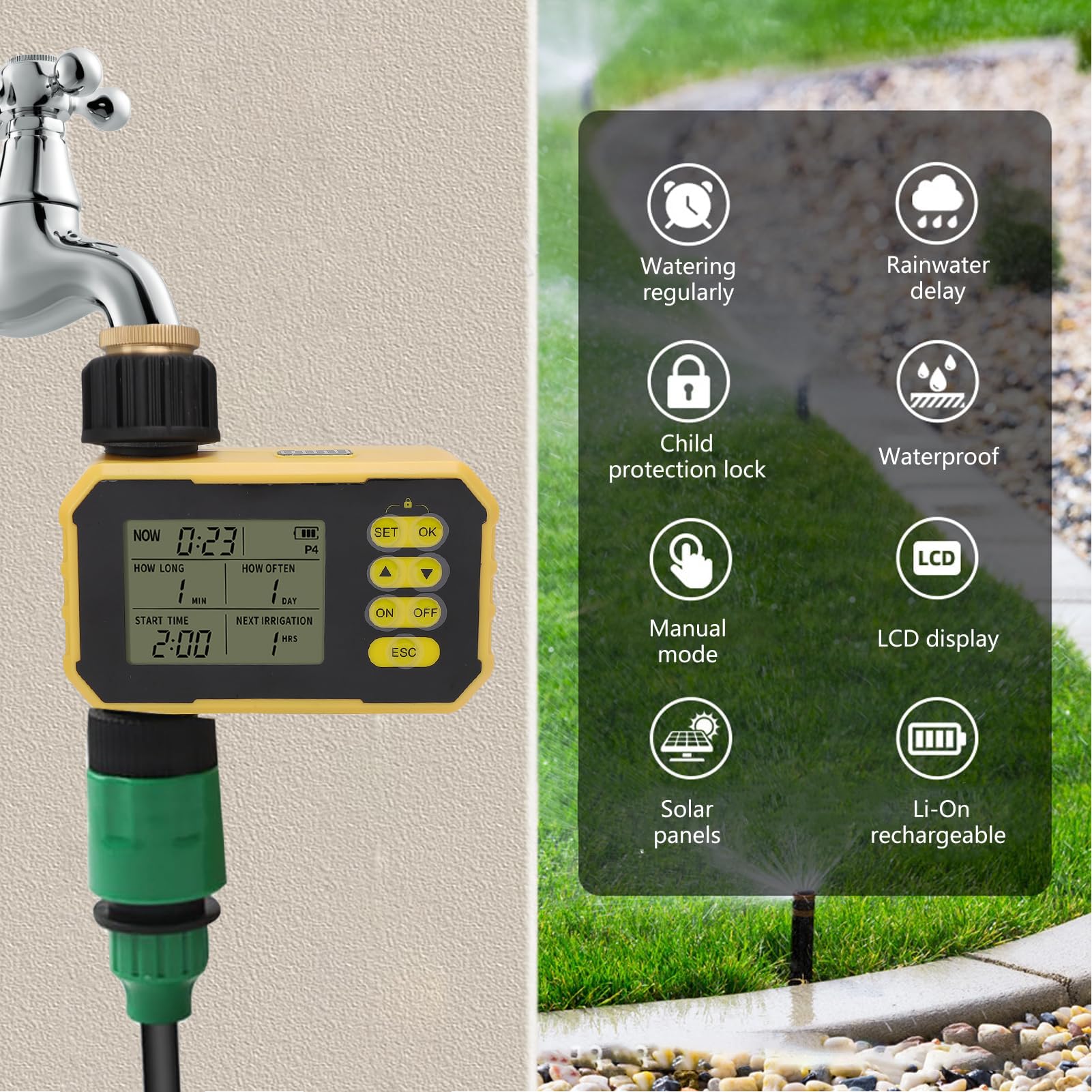 Yctze Timer per Irrigatore Solare, Timer per Irrigazione a Pannello Solare Regolabile con Pressione dell'acqua da 0,3-8 Kg con Porta di Tipo C, Tubo da Giardino Automatico Programmabile con Ritardo