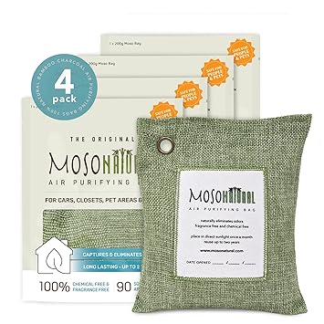 Pack of 4 Moso Natural Air Purifying Bag 200G Green Color Naturally Removes Odors,Allergens And Harmful Pollutants . Reuse Upto 2 Years