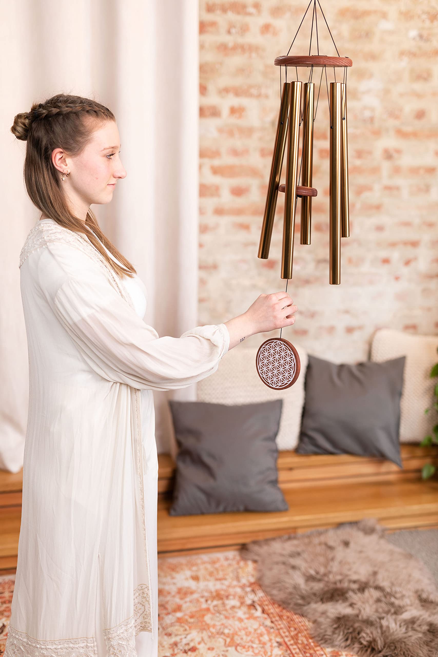 Sonic Energy Meditation Chime – 90 cm, Bronze, Flower of Life – Windspiel mit 5 Klangstäben, 432 Hz – Dekoration für Innen- und Außenbereich (FOLMC36B)