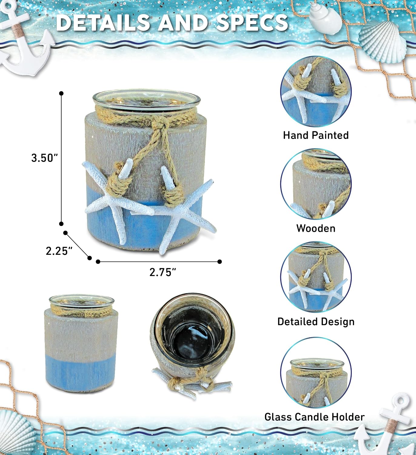 COTA Global Ocean Breeze Wooden Pillar Candle Holder - Tabletop Coastal Decor with Hanging White Starfish, Ocean-Themed Blue Candle Holder Centerpieces - Handmade, Color May Vary image 2