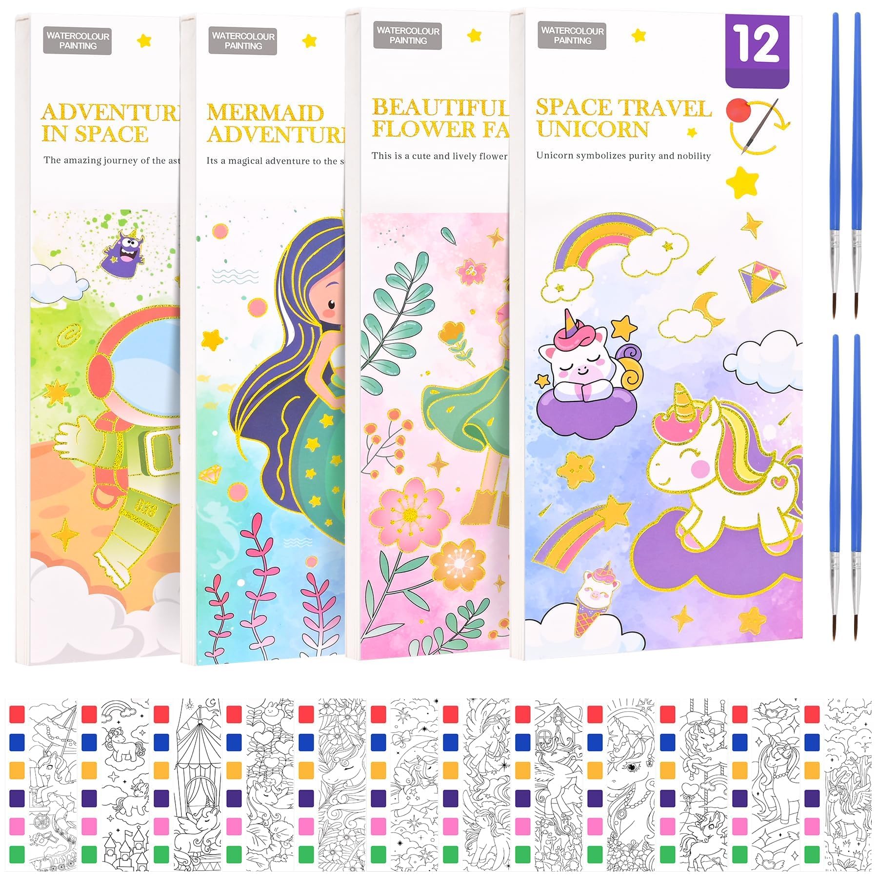 Khazna 4 Pack Pocket Water Coloring Books for Kids, Magic Painting Books with Paints & Brushes, Creative Coloring Activities for Boys and Girls Ages 5-8 - Perfect Gifts