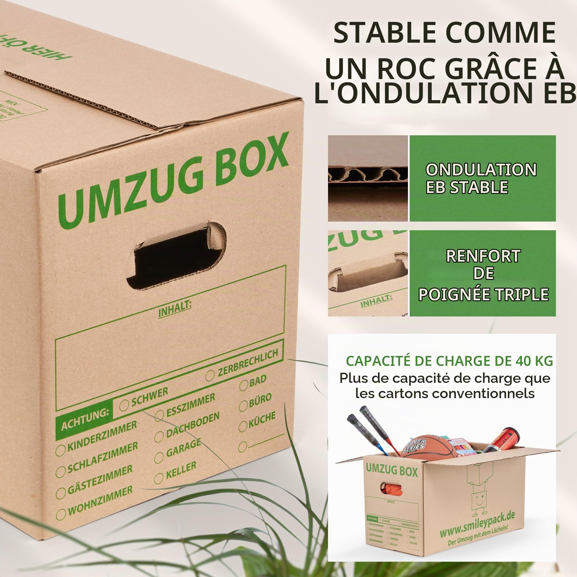 Smiley Pack - Lot de 20 Cartons de Déménagement Robustes - Extra Larges et Réutilisables - Charge Maximale : 40 kg - Avec Boîte en Carton - Carton de Déménagement Robuste avec