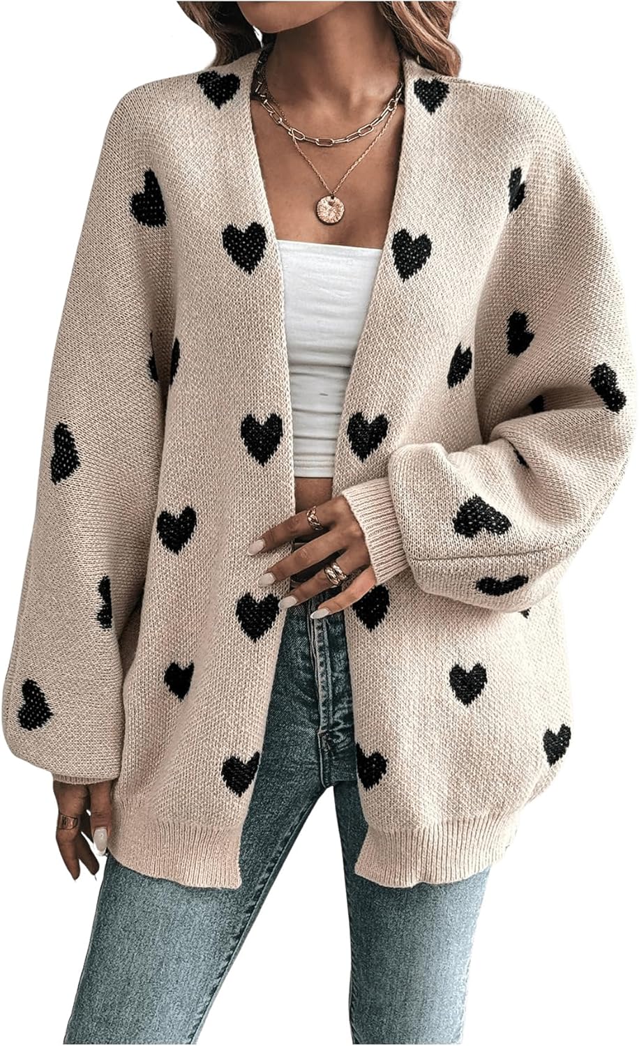 WDIRARA Women's Heart Print Open Front Cardigan Sweaters Lantern Long Sleeve Loose Knit Outerwear