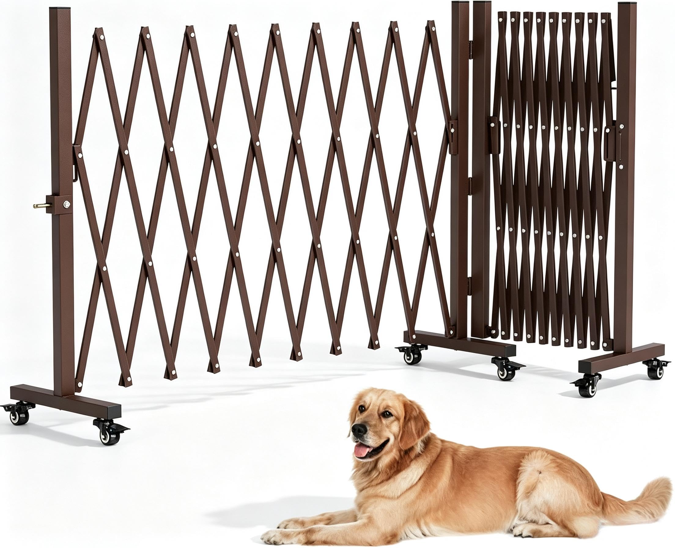 THEYFIRST Expandable Driveway Gate with Casters, 209 inch Wide Aluminum Garden Fence, Coffee