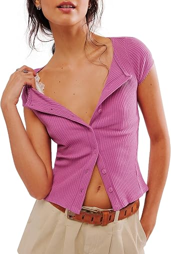 Womens Ribbed Short Sleeve Sweater Cardigan Button Down Shirts Cardigan Blouses for Women Dressy Casual Wear