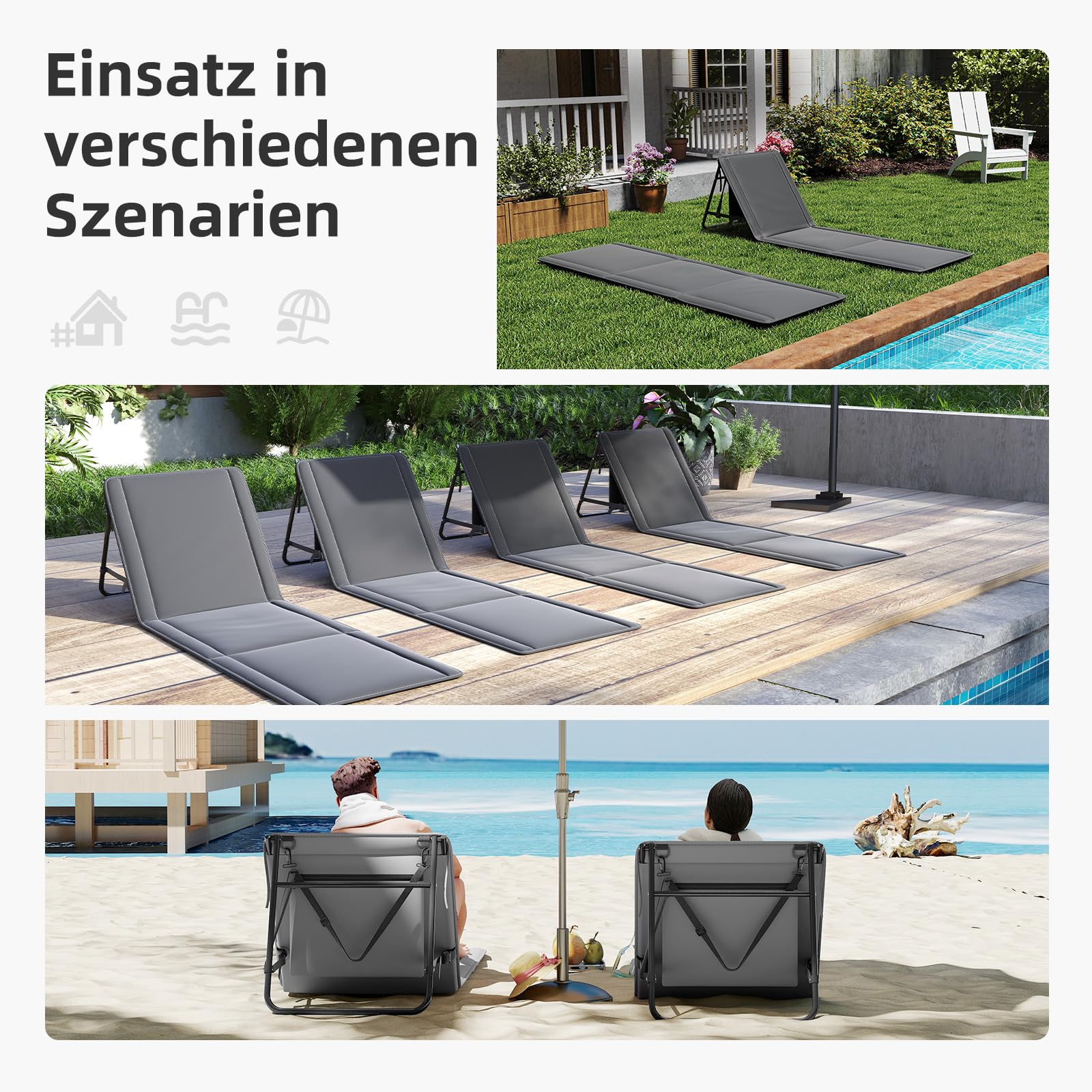 Amopatio 2er Set Strandmatte Klappbar mit Mehrstufig Verstellbarer Rückenlehne & Tragegurt – Faltbare Sonnenliege mit Tasche für Strand, Garten, Camping & Terrasse, Grau