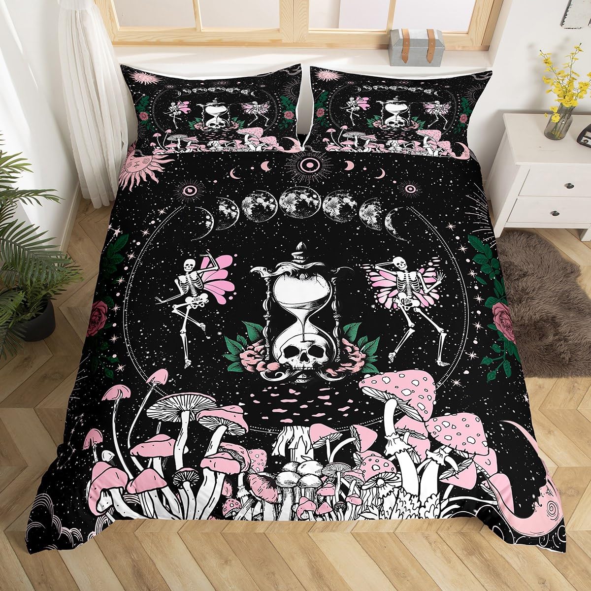 Sun and Moon Duvet Cover Set Twin Size,Pink Mushroom Bedding Set Gothic Sugar Skull Star Galaxy Comforter Cover for Kids Boys Girls Woman Room Decor Boho Hippie Black White Quilt Cover,1 Pillowcase