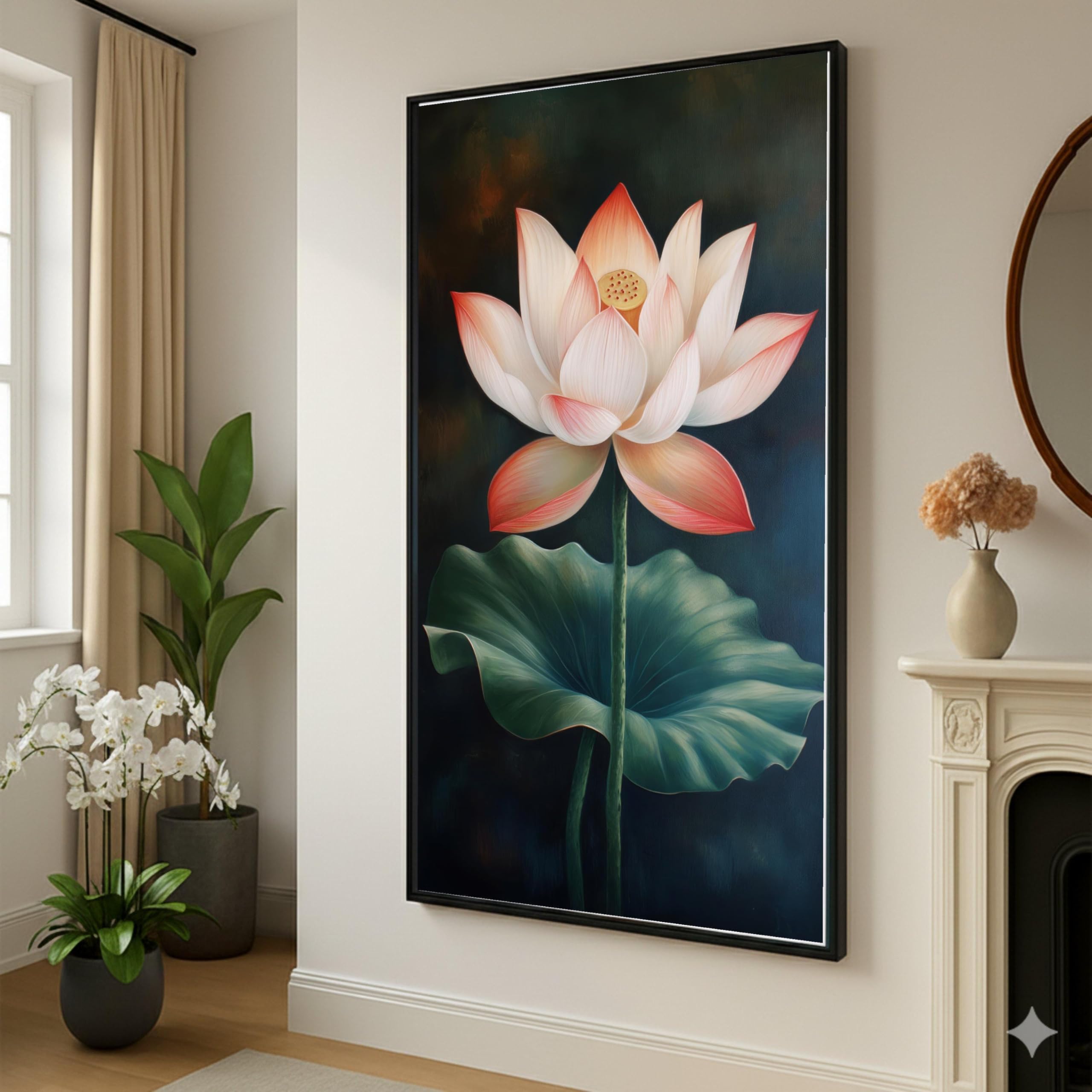 LMYCHENG Kwiat lotosu na płótnie, kwiatowe plakaty botaniczne, wystrój domu, duży liść lilii wodnej, gotowy do powieszenia dzieło sztuki (70 x 110 cm)