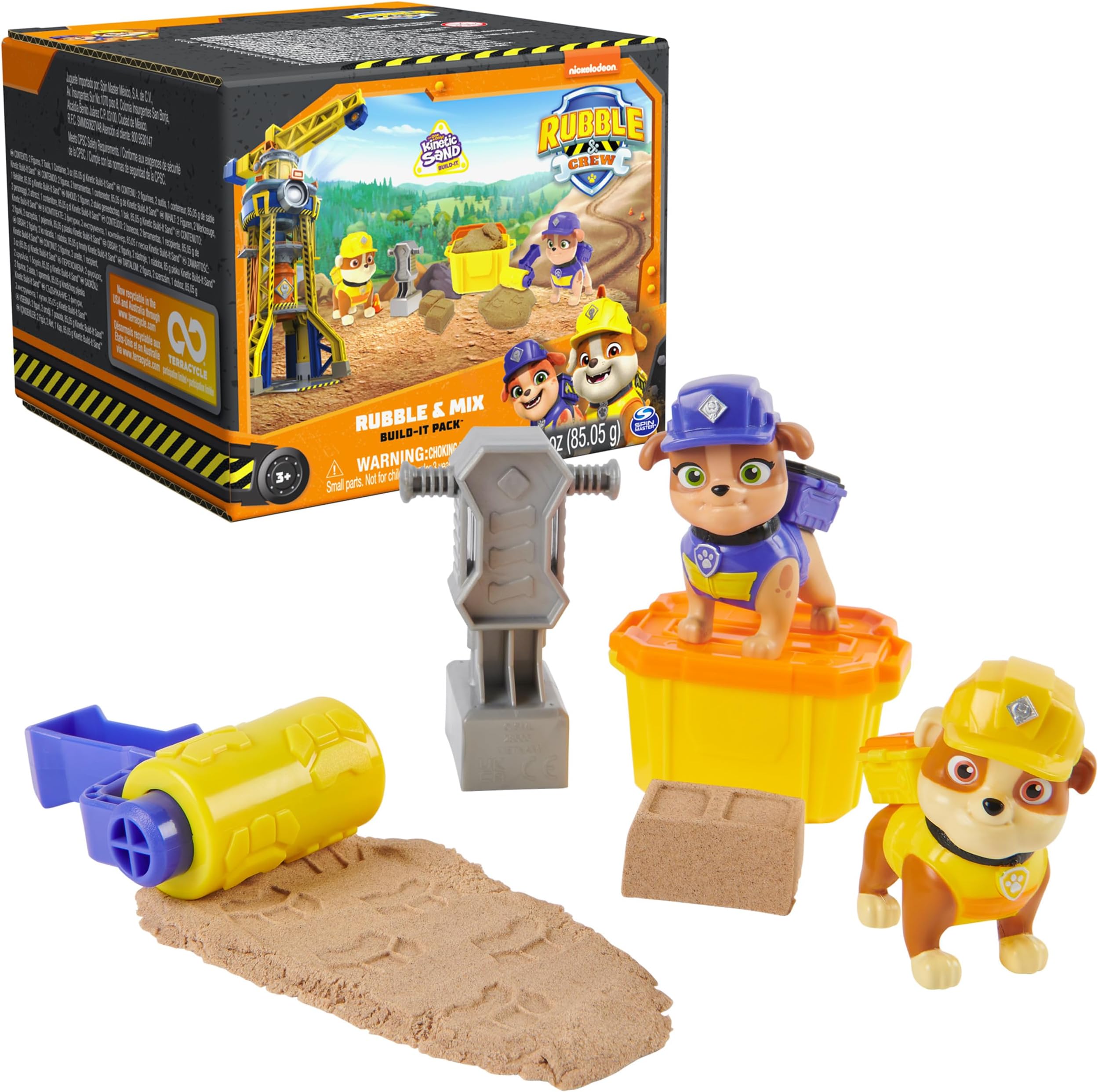 Rubble and Mix Action Figures Set, with 3 oz of Kinetic Build-It Sand and 2 Hand Held Building Toys, Kids Toys for Ages 3 and up