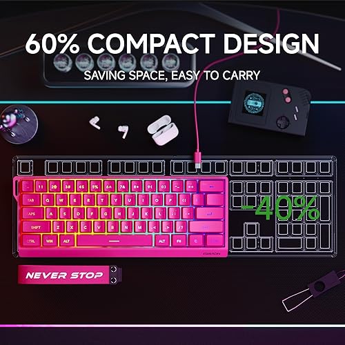 Miniatura 5 de EWEADN F61 - Teclado para juegos con cable al 60%, teclado de membrana retroiluminada RGB para juegos con teclas PBT, diseño compacto, teclado con