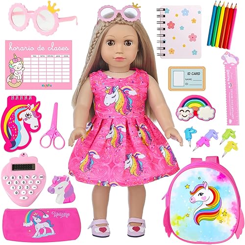 American - Juego de artículos de papelería y ropa de muñeca de 18 pulgadas, serie unicornio rosa para muñeca de 18 pulgadas