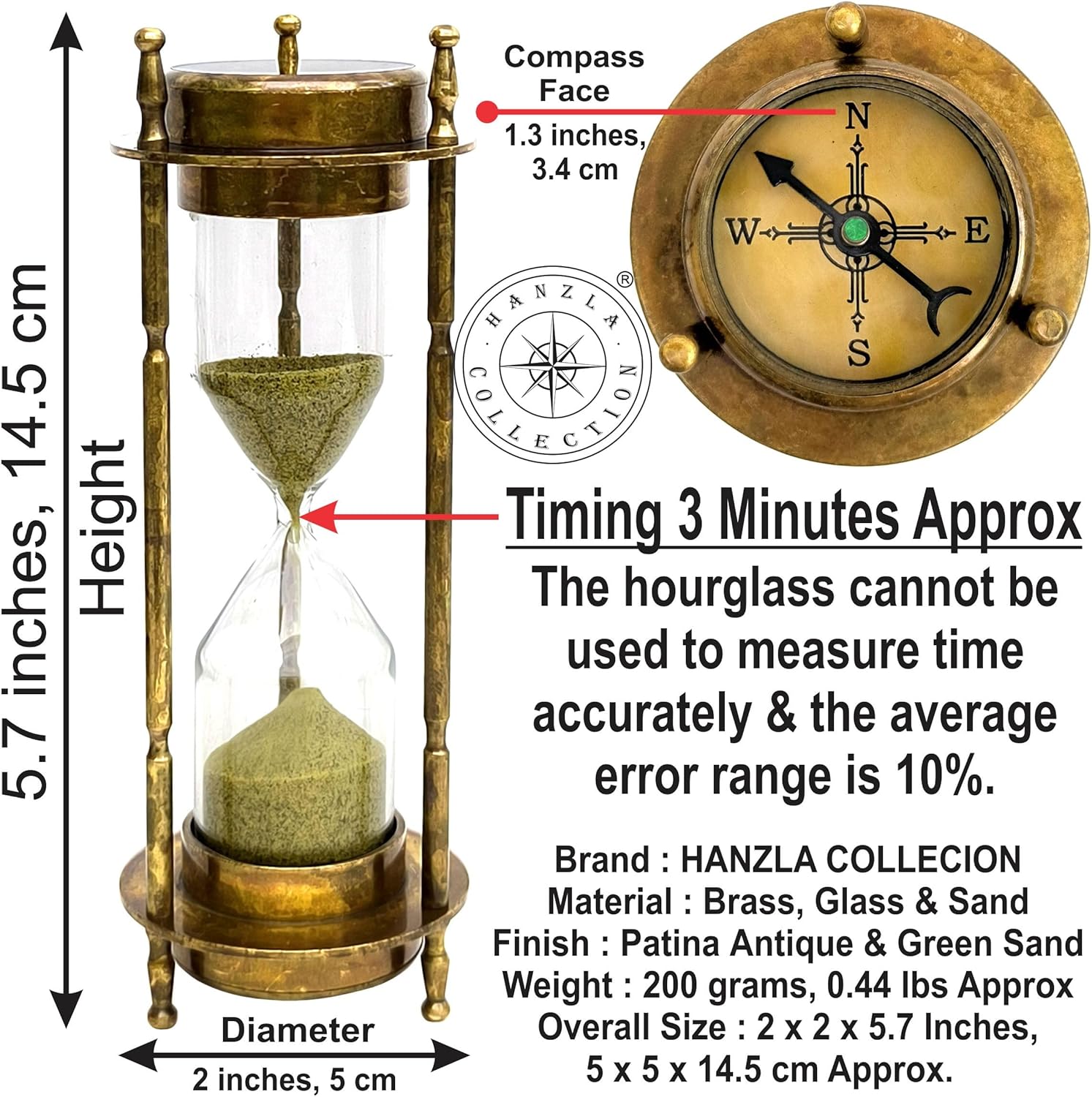 Brass Compass Hourglass with Jute Case Nautical Maritime Sand Timer Vintage Hour Glass Metal Sand Watch Sand Clock Decorative Sandglass for Gift & Home Office Desk Decor