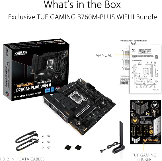ASUS TUF Gaming B760M-PLUS WiFi II Motherboard Intel B760 LGA 1700 mATX (PCIe 5.0, M.2, DDR5, WiFi 6E, Q Antenna, Realtek 2.5GB Ethernet, DP, HDMI, SATA 6Gbps, USB Type-C, Thunderbolt 4, Aura Sync)