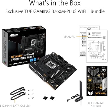 ASUS TUF Gaming B760M-PLUS WiFi II Motherboard Intel B760 LGA 1700 mATX (PCIe 5.0, M.2, DDR5, WiFi 6E, Q Antenna, Realtek 2.5GB Ethernet, DP, HDMI, SATA 6Gbps, USB Type-C, Thunderbolt 4, Aura Sync)