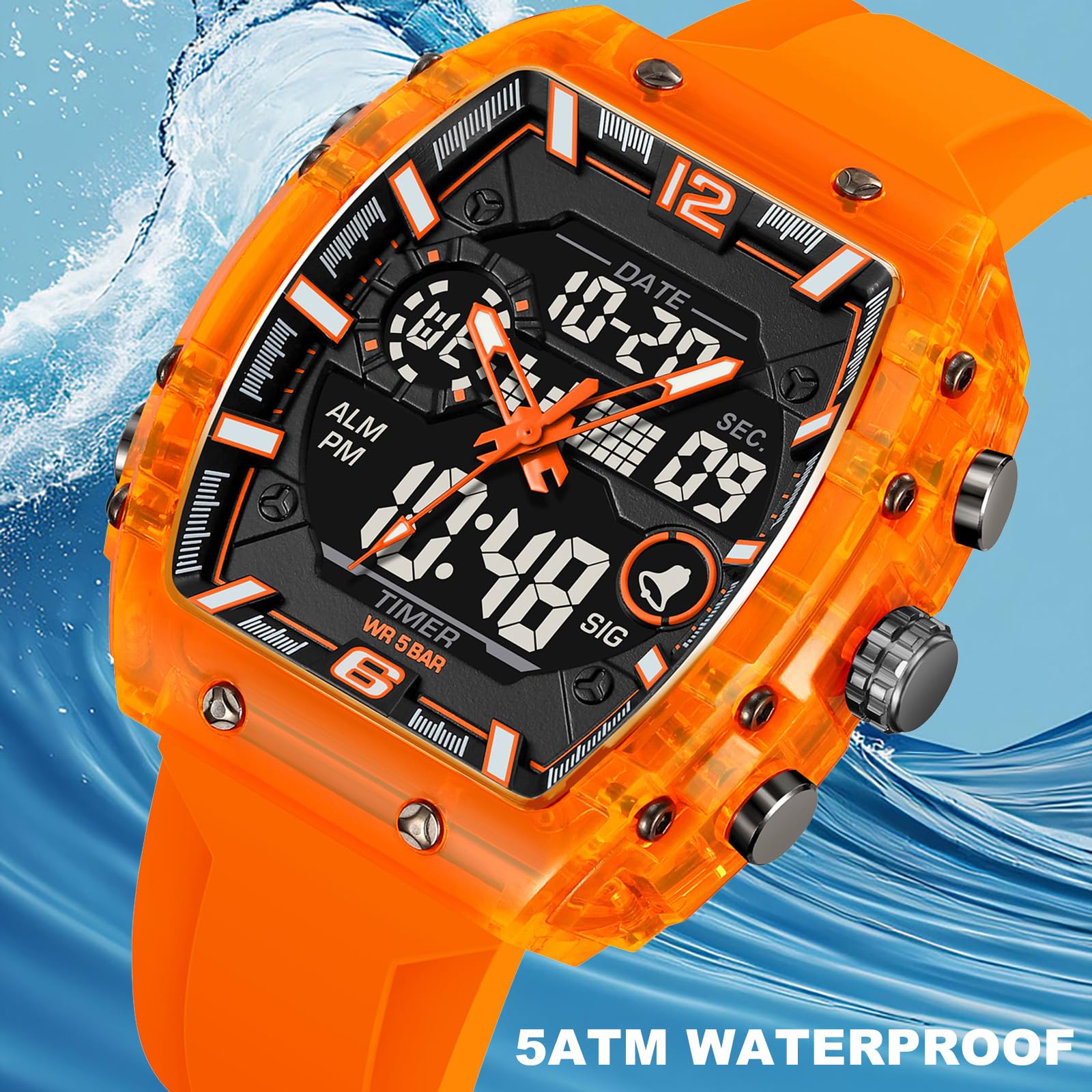 findtime Tonneau - Reloj de pulsera para hombre, rectangular, elegante, único, con alarma, cronómetro, fecha, calendario, analógico, reloj digital, multicolor, para niños y adolescentes