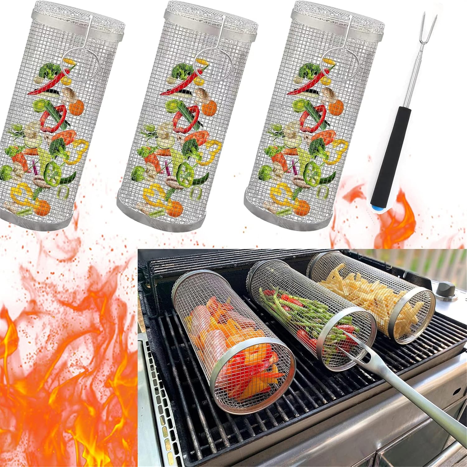 Rolling Grilling Basket,Barbecue Stainless Steel Wire Mesh