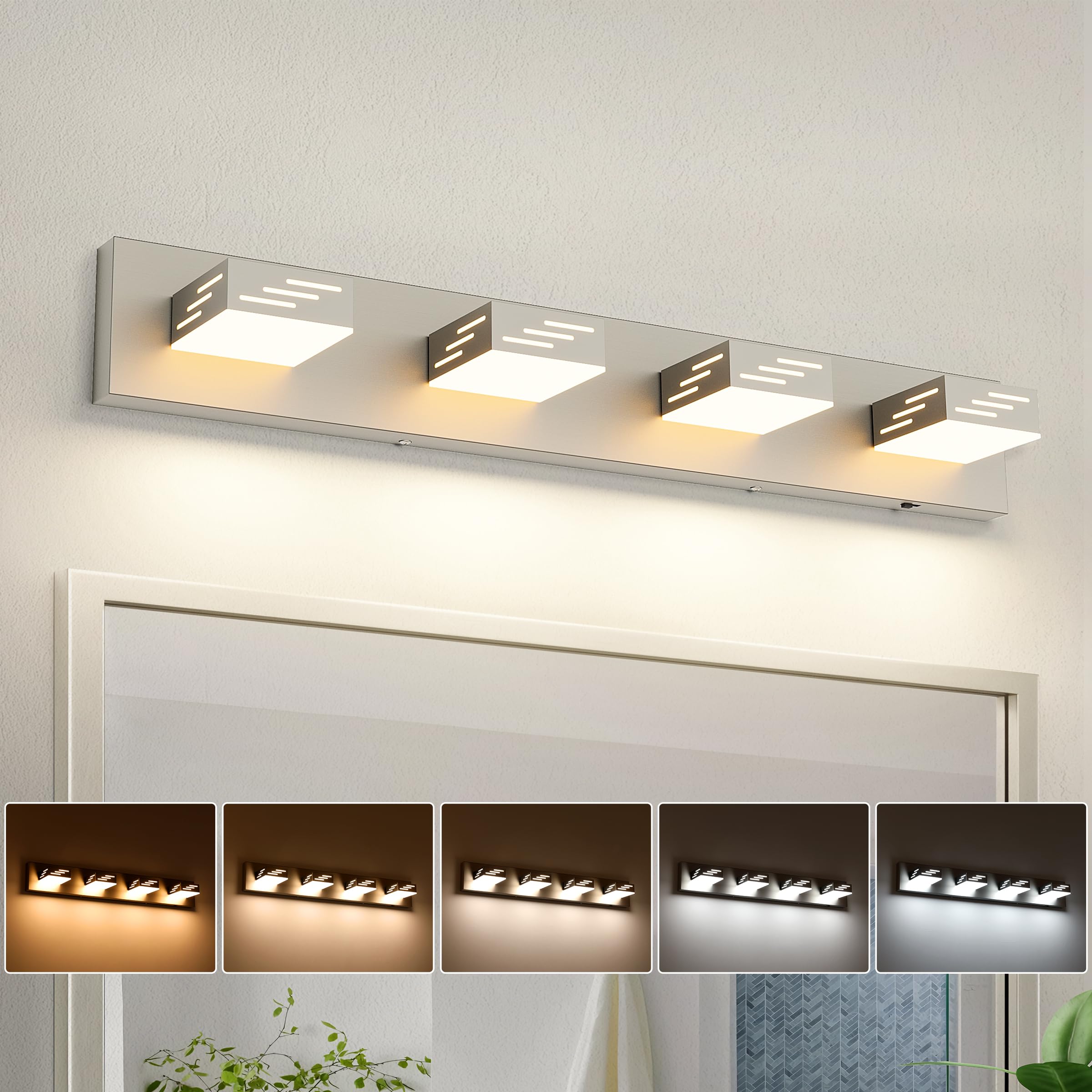 Joosenhouse 4-Light Brushed Nickel Vanity Light for Bathroom, 29.92-Inch 5CCT Dimmable LED Vanity Lighting Fixture, 32W Modern Makeup Light with Adjustable Brightness