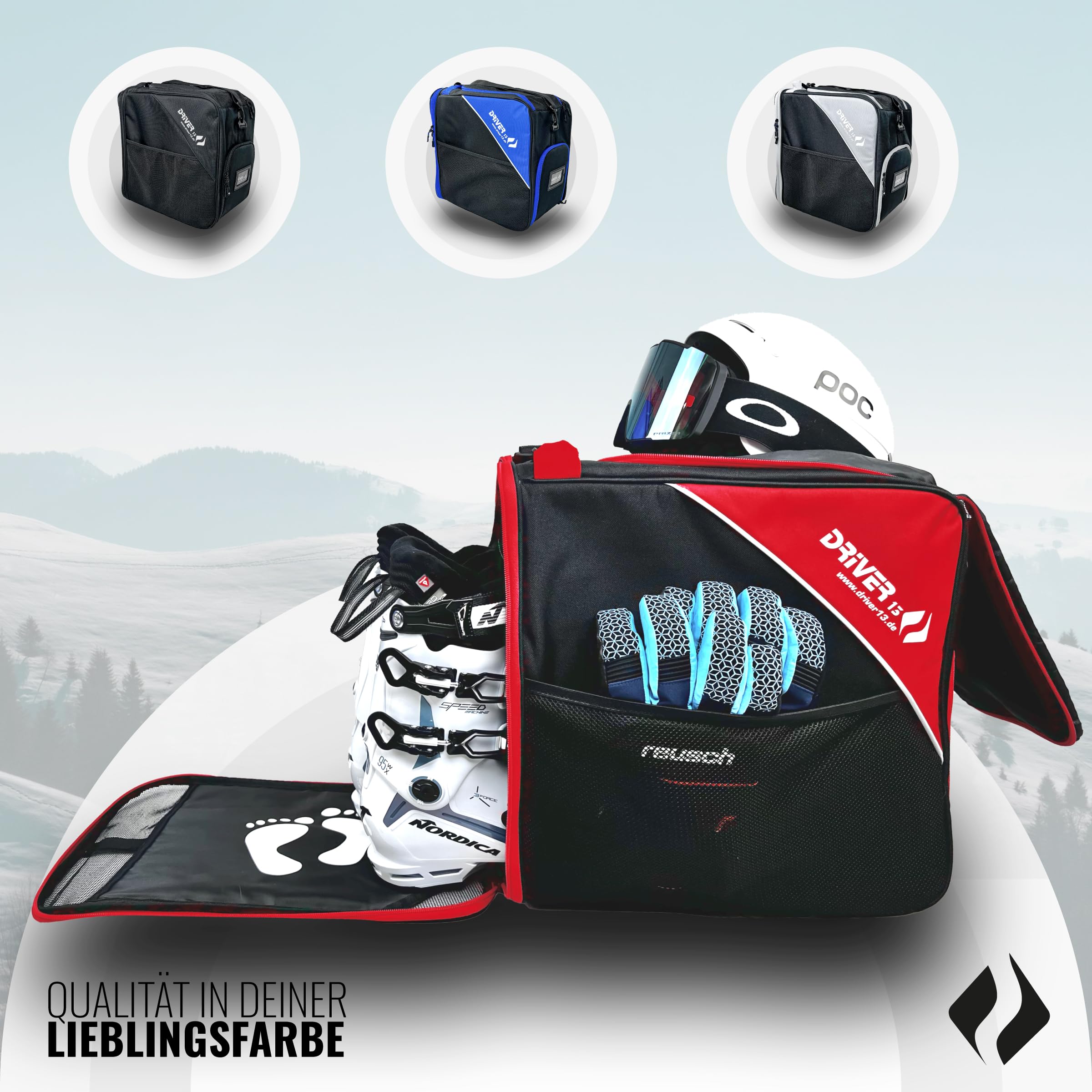 Driver13 ® Bolsa para Botas de esquí Bolsa para Botas de esquí con Compartimento para Casco para Botas Blandas duras inliner y Bolsa para Botas Negro-Rojo
