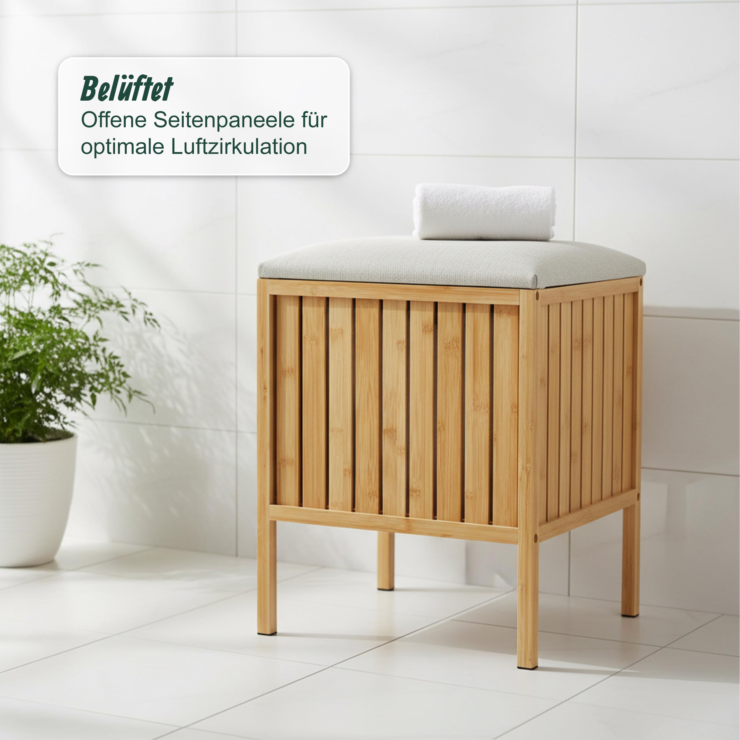 Relaxdays Wäschekorb zum Sitzen, Bambus, gepolsterter Deckel, HBT: 52 x 39 x 39 cm, Badhocker mit Stauraum, Natur/Creme