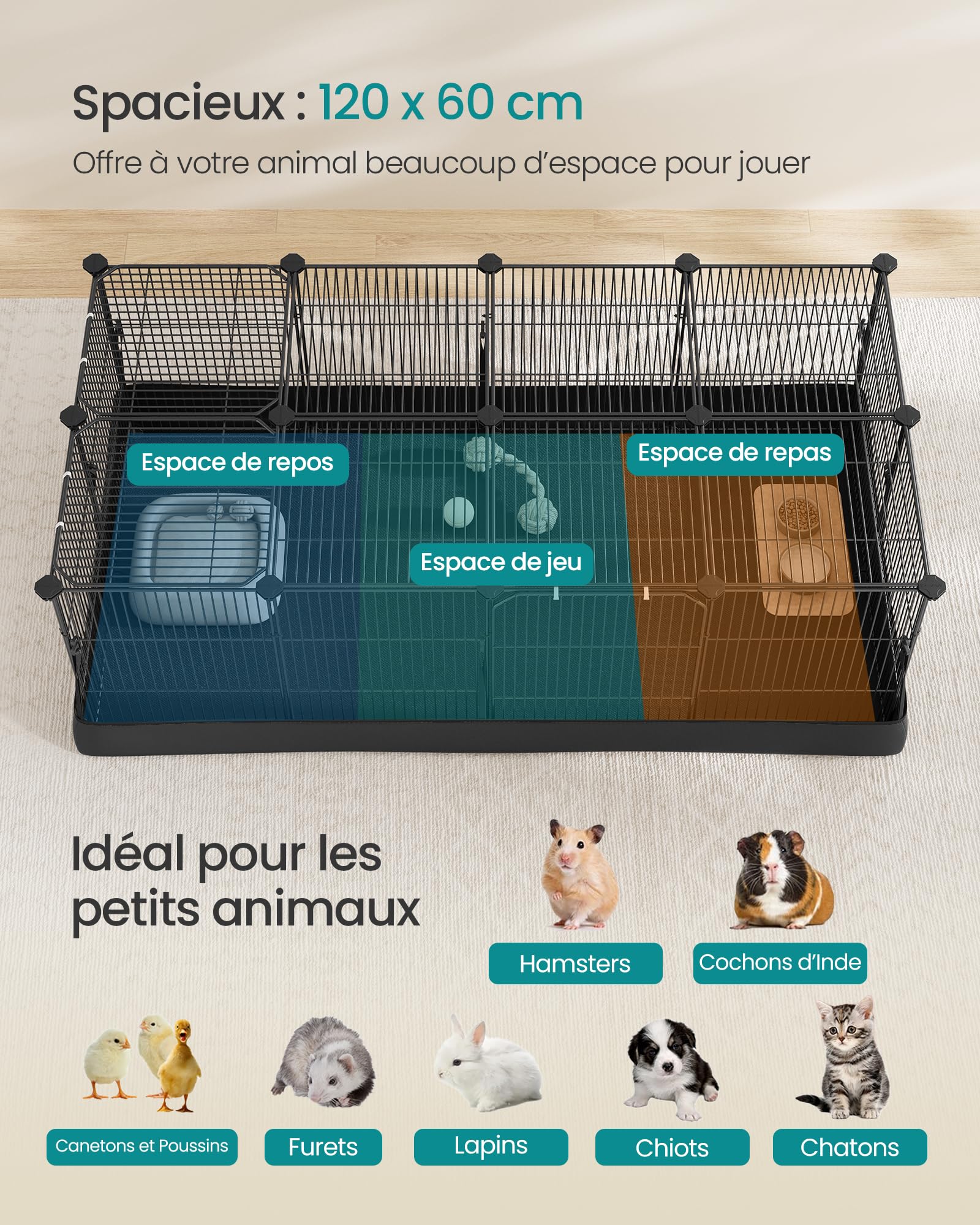 SONGMICS Enclos pour Petits Animaux, Parc Enclos, Tapis Imperméable, Double Porte, pour Lapins, Cochons d’Inde, 20 Panneaux, 123 x 63 x 41,5 cm, Noir d'encre LPI012BH01