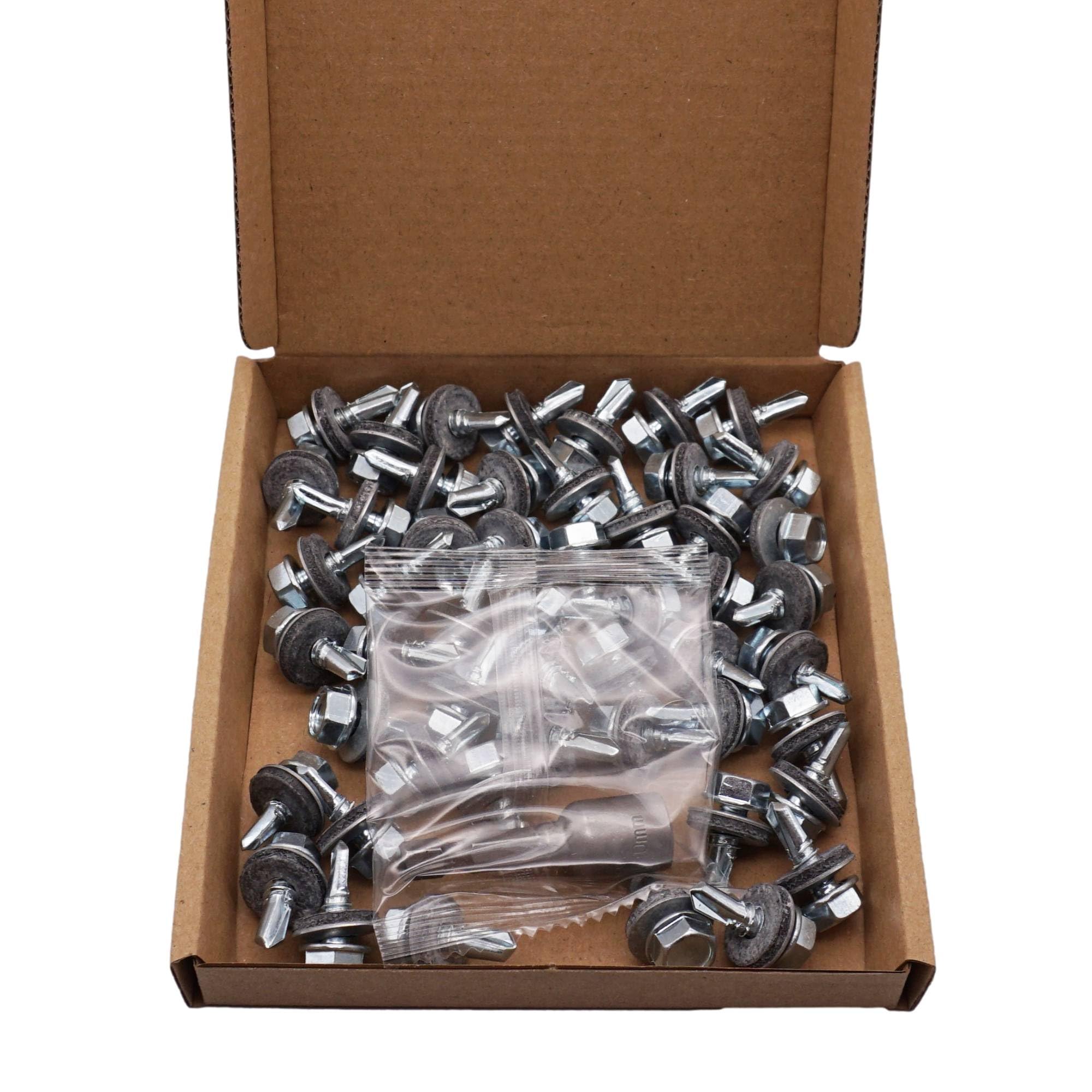 Tornillos Autoperforantes DIN 7504 K - Juego De 50 Unidades, Acero Cincado, Cabeza Hexagonal, Medidas 6.3x63 Mm, Incluye Broca Magnética