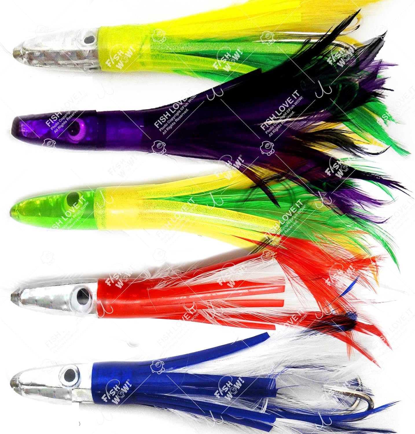 5pcs Fish WOW! 6" Fishing Tuna Feather Rig Trolling Bullet Jet Head Lure - Blue/White, Red/White, Black/Purple, Green/Yellow, Mexican Flag