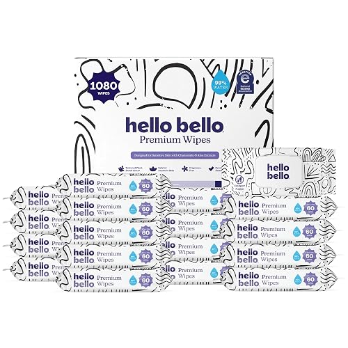 Hello Bello Premium Wipes, Designed for Sensitive Skin with Chamomile & Aloe Extracts, Playful Sketches (18 Resealable Packets = 1080 Total Wipes) - Playful Sketches - 60 Count (Pack of 18)