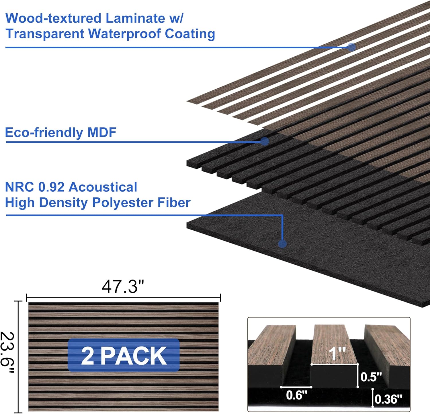 RELIANCER 2 Pack 47.3" x 23.6" Acoustic Wood Slat Wall Panels,Soundproof Wooden Salt Paneling for Wall & Ceiling Decor,3D Fluted Noise Reducing Wood Panel,3D Wainscoting Panels for Home,Studio,Office
