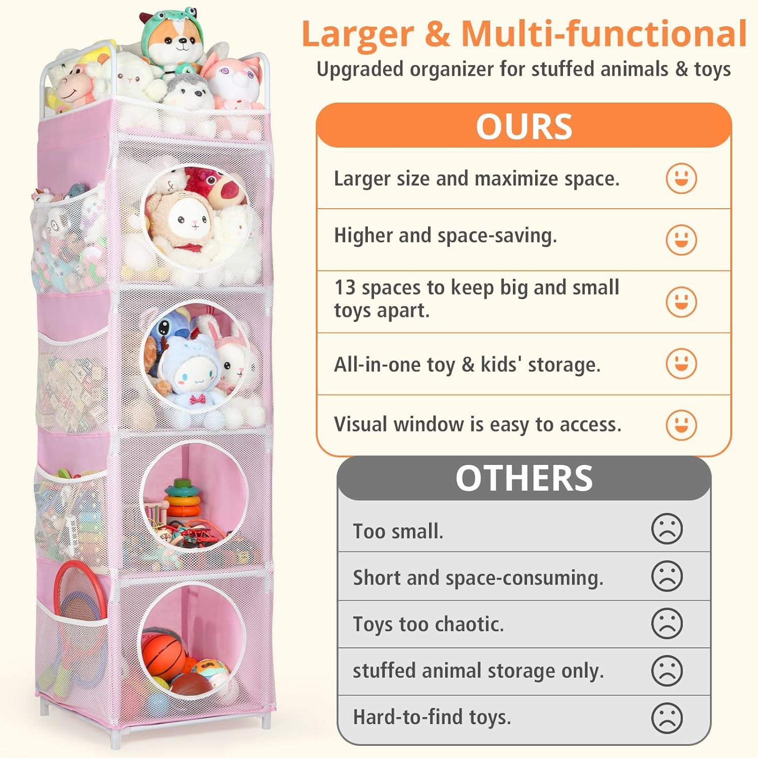 Stuffed Animal Storage, 63.8" Toy Storage Organizer, 5 Shelves & 8 Side Pockets, Space-Saving Corner Solutions for a Kids' Bedroom, Playroom