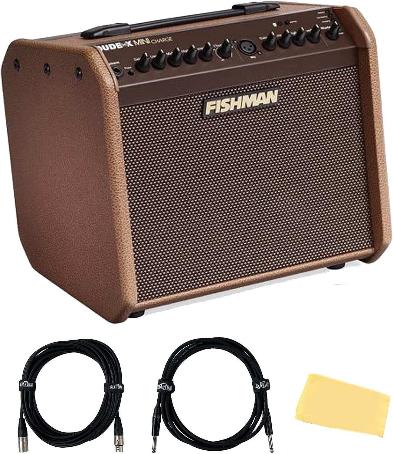 Fishman Loudbox Mini Charge Battery-Powered 60-Watt Acoustic Guitar Combo Amplifier Bundle with Gearlux XLR Cable, Instrument Cable, and Austin Bazaar Polishing Cloth