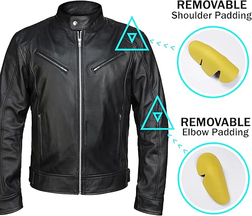 Vista 5 de Cafe Racer Retro Biker Vintage Motocicleta Equipo de protección CE Armadura acolchada chaqueta de cuero negro para hombres