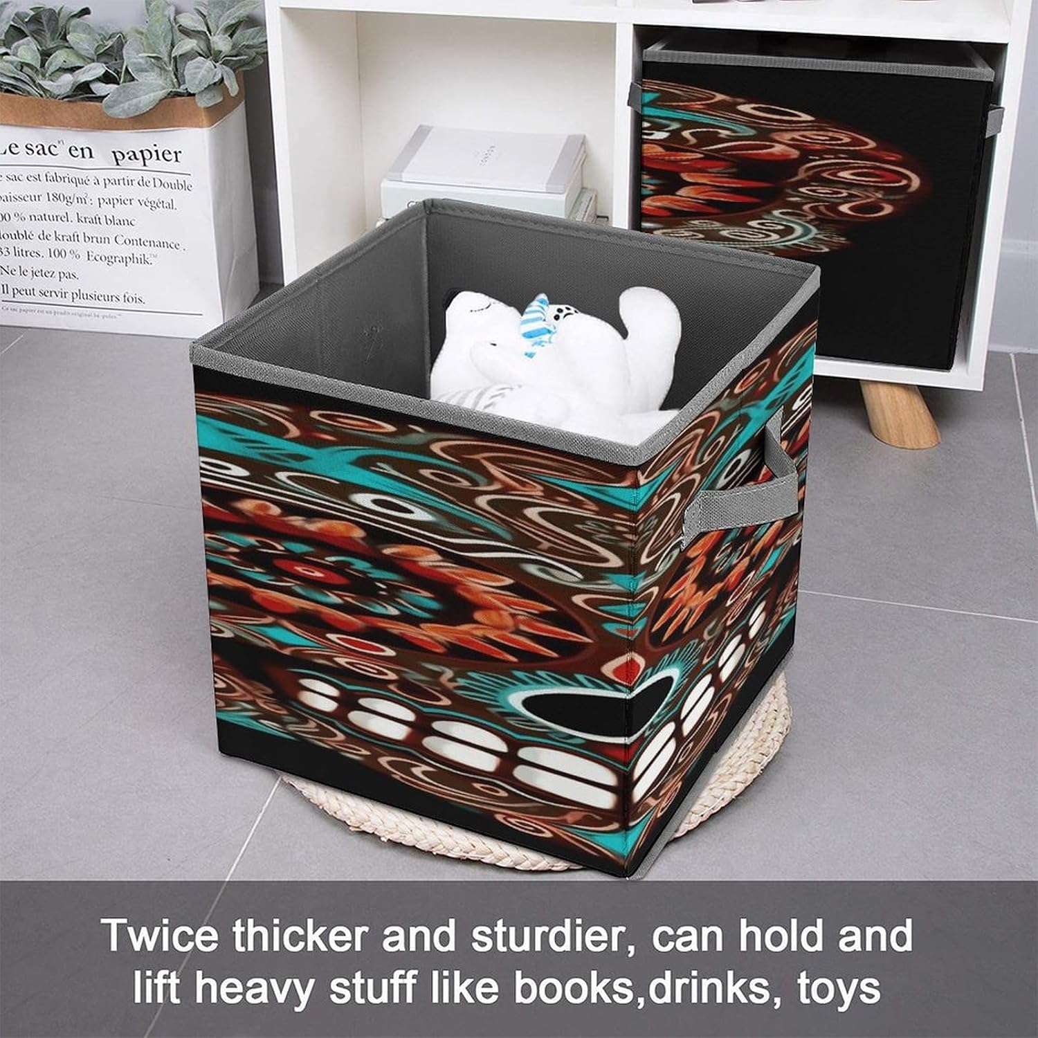 Sugar Skulls Day of The Dead Fabric Bins Storage Basket Square Baskets | Storage Bin with Double Handles,Cube Collapsible Organizers for Organization,Closet,Shelves,Offices