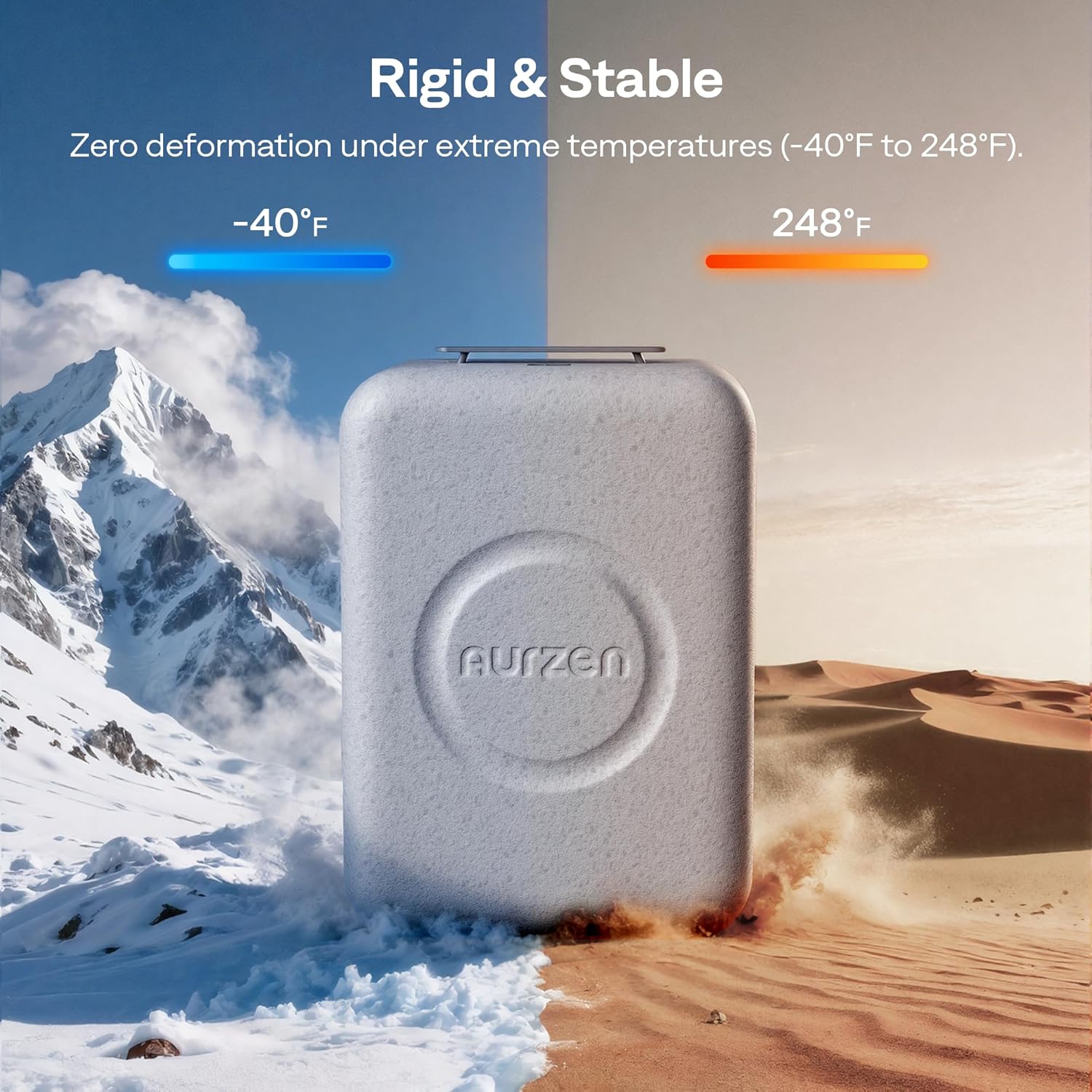 Aurzen BOOM mini Carrying Case shown in extreme cold and hot environments, highlighting rigid and stable properties