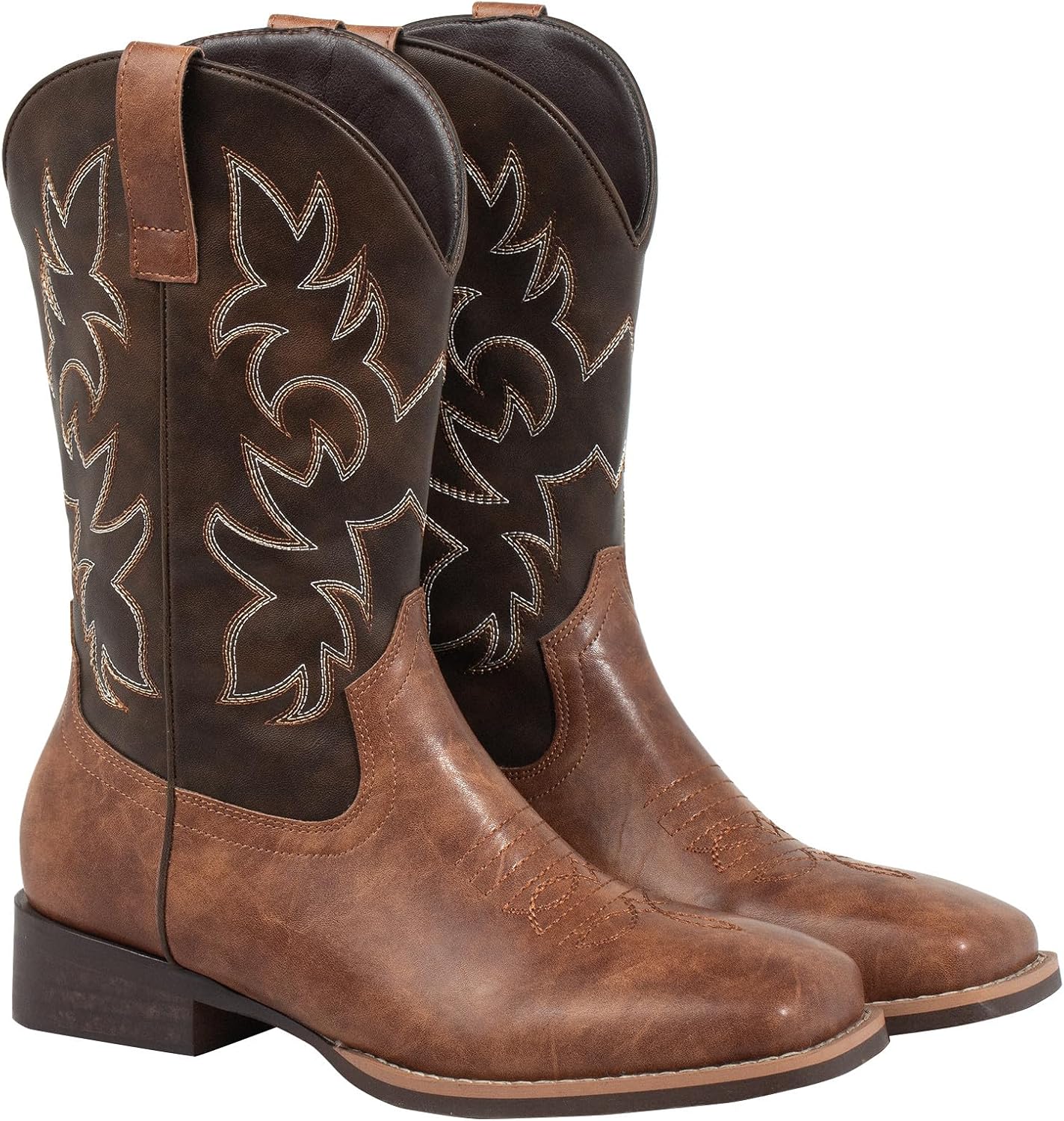 J's.o.l.e Western Mens Cowboy Boots Square Toe Wide Calf Pull On Slip Resistant Country Work Riding PU Leather Boot Brown